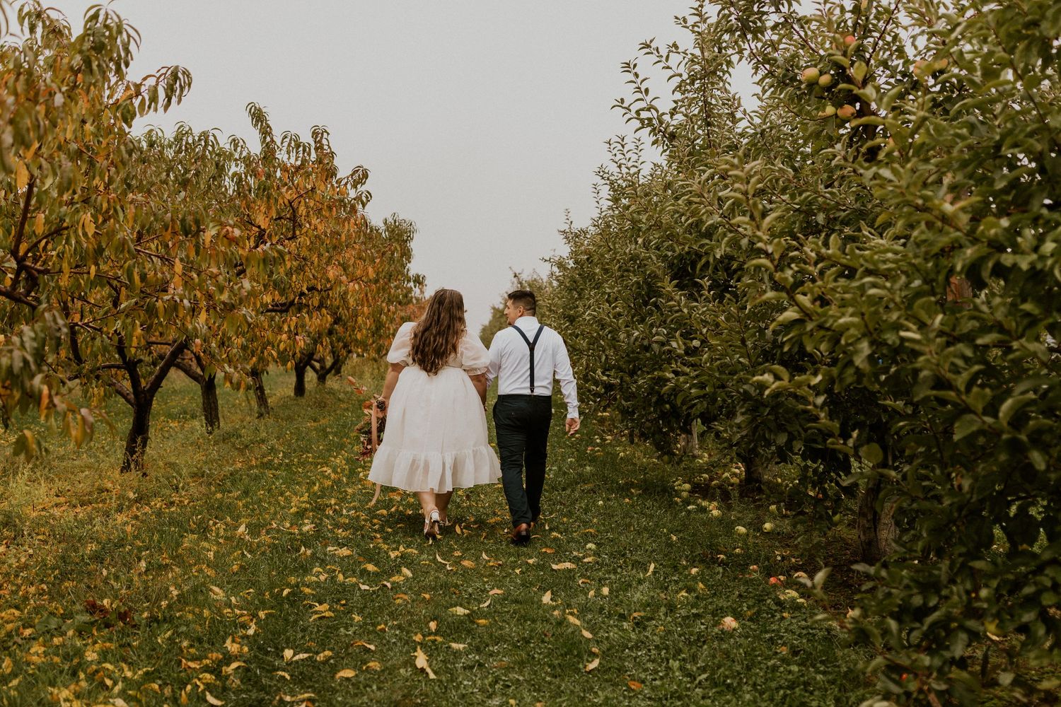 Terise and Jose walking between the rows of apple trees at Carter Hill Orchard in Concord New Hampshire.