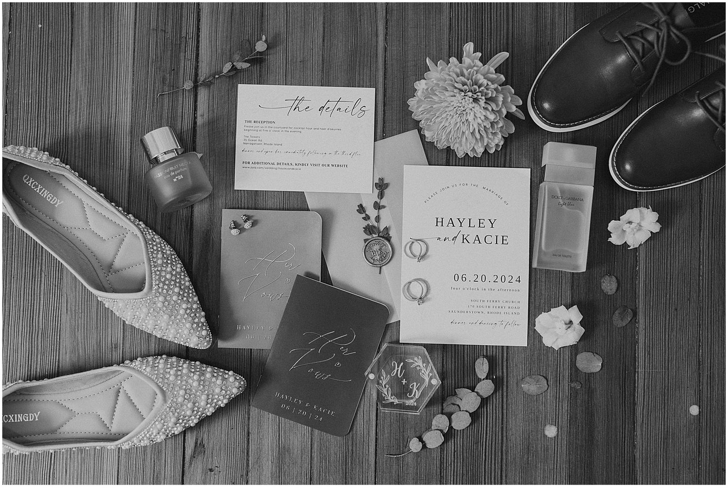 Black and white flatlay image of New Hampshire wedding details