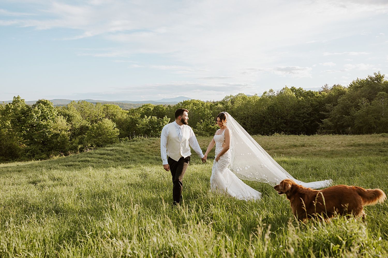 Bride and groom taking portrait photos with their dogs at their Longlook Farm NH wedding