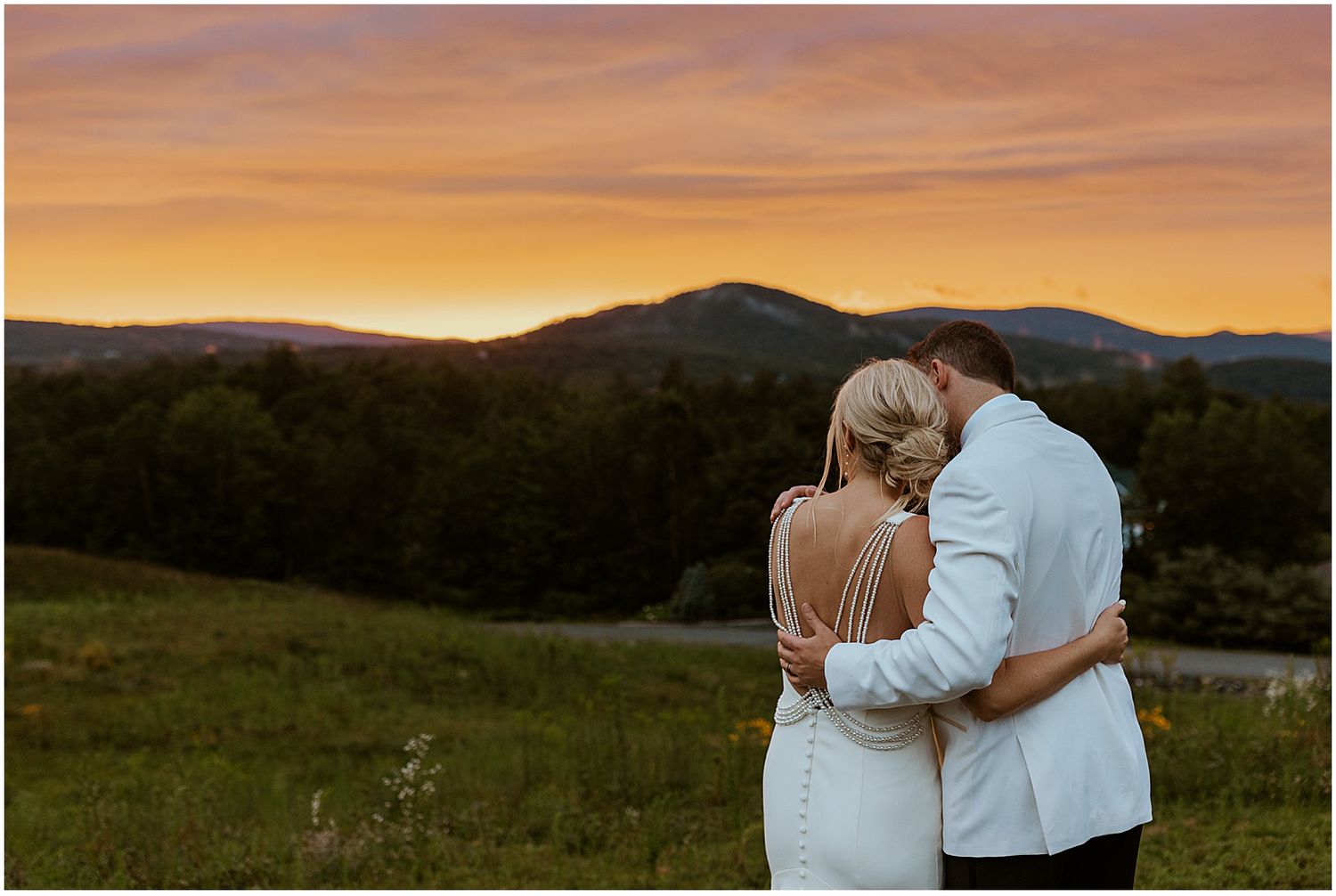 Bride and groom at sunset at their Owls Nest wedding