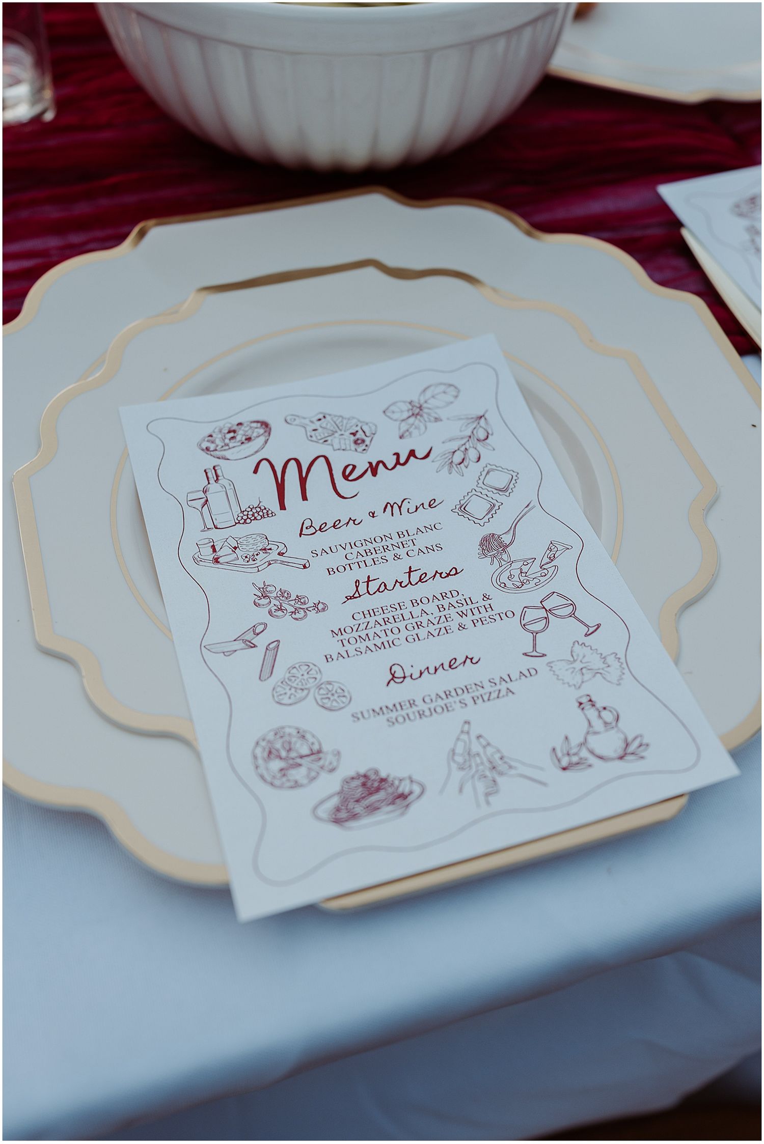 Menu for wedding rehearsal dinner at the Winthrop Carter House in NH