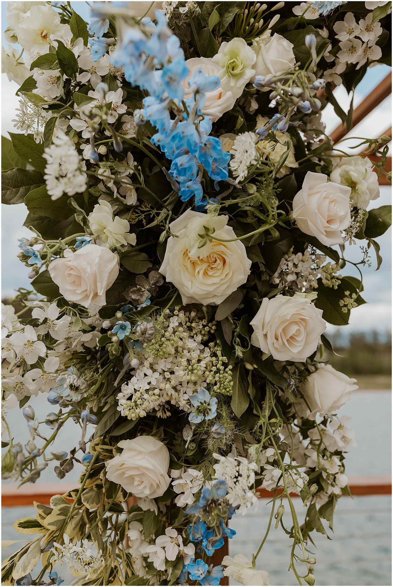blue and white wedding flowers for new hampshire mountain wedding
