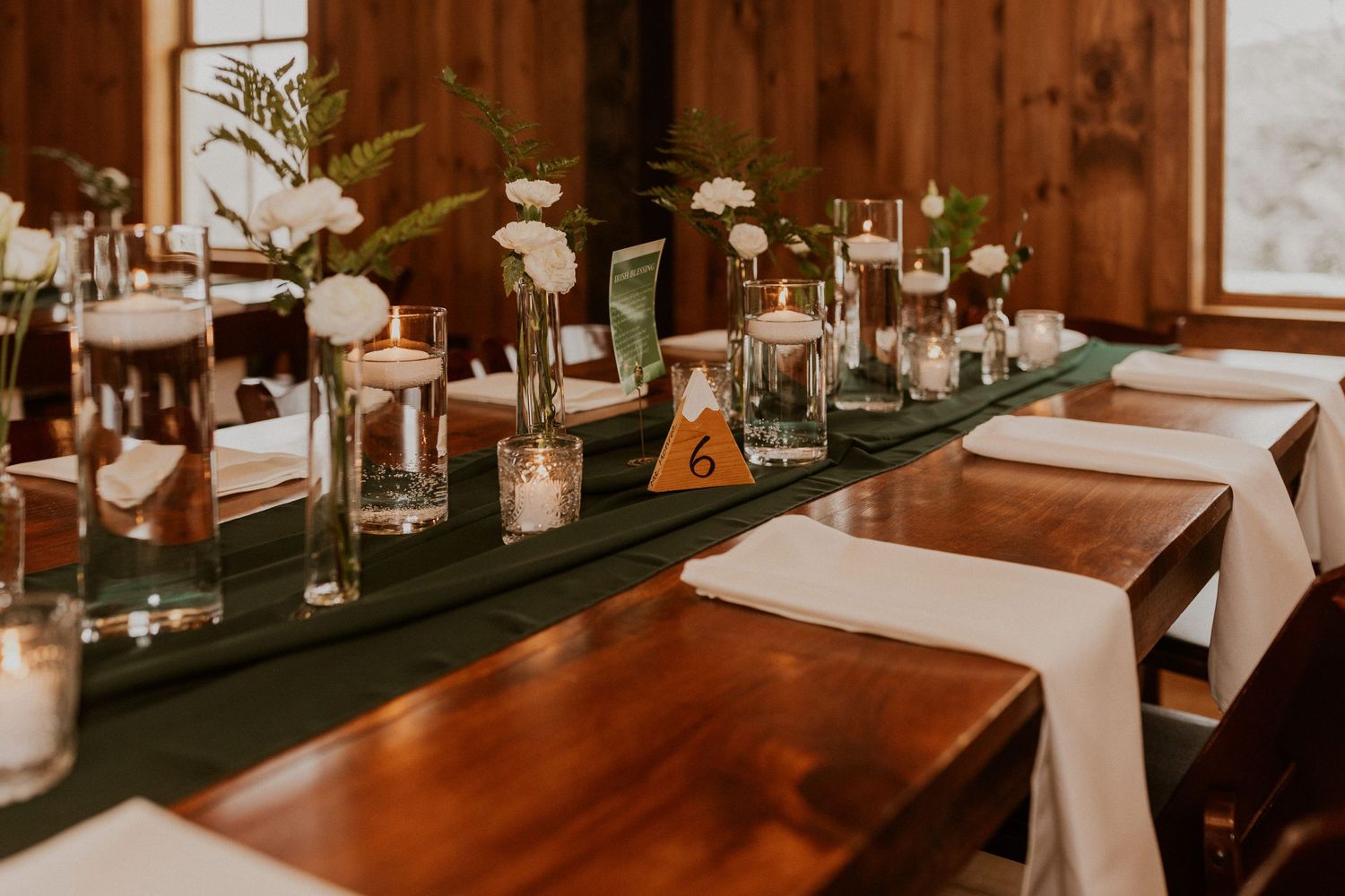The table setup for the reception at the Preserve in Tamworth New Hampshire.