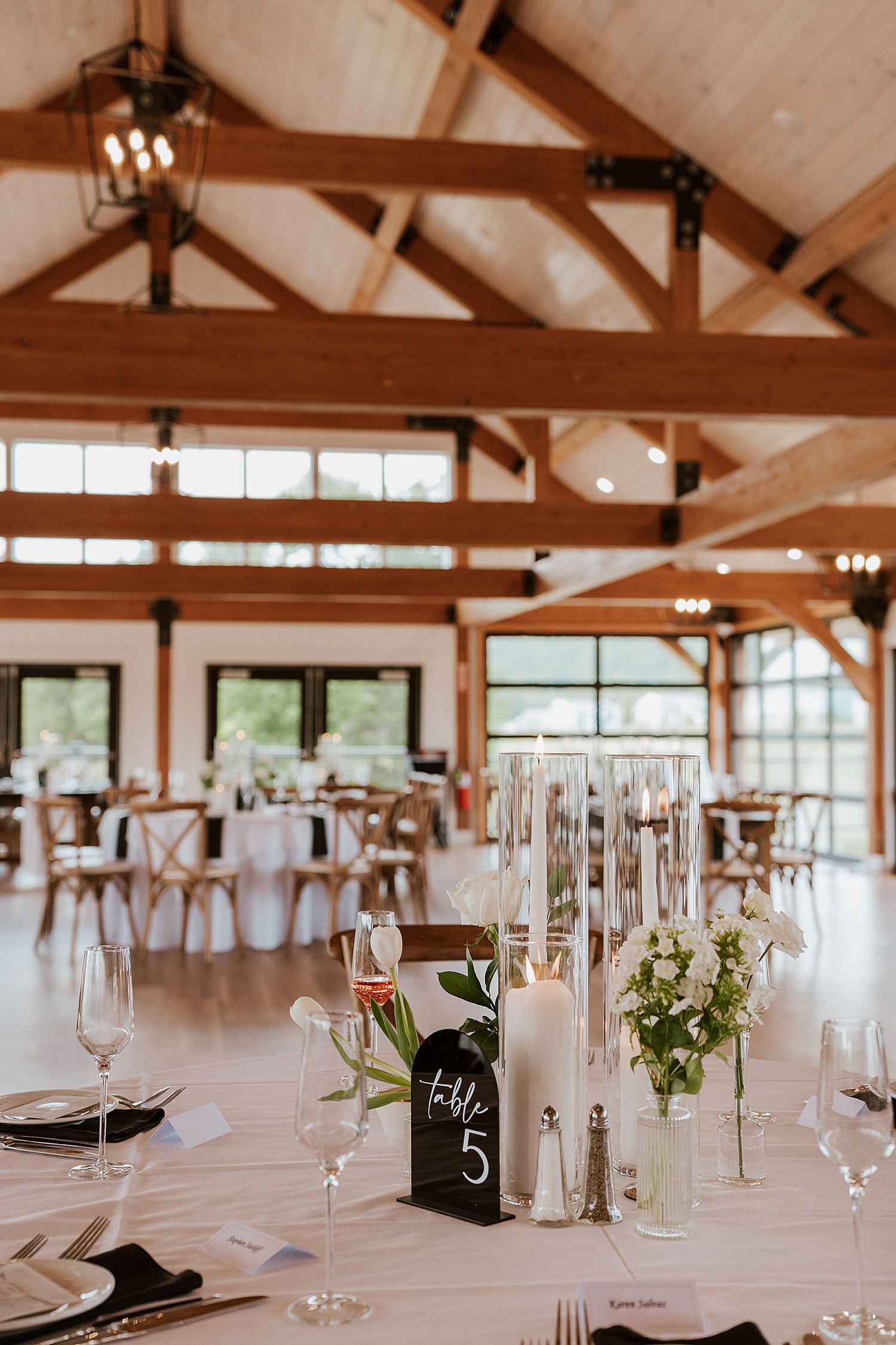 Wedding reception decor inside the sunset pavillion at the Owl's Nest Resort in NH