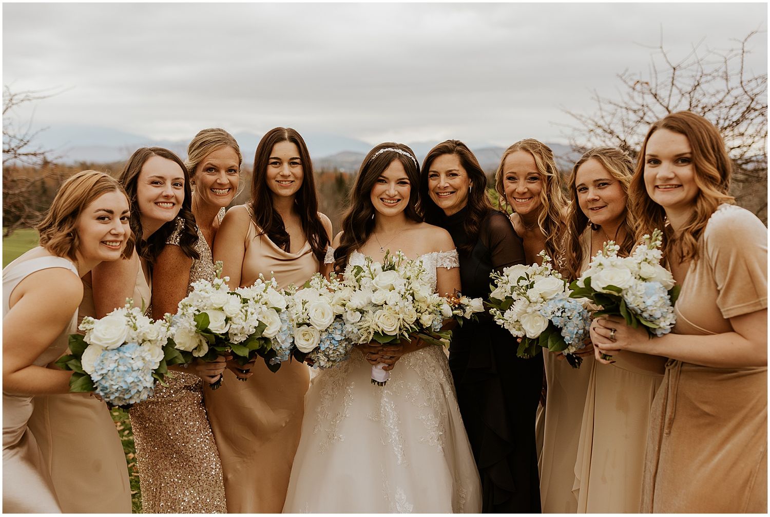 Bride and bridesmaids at a New Hampshire wedding in the White Mountains