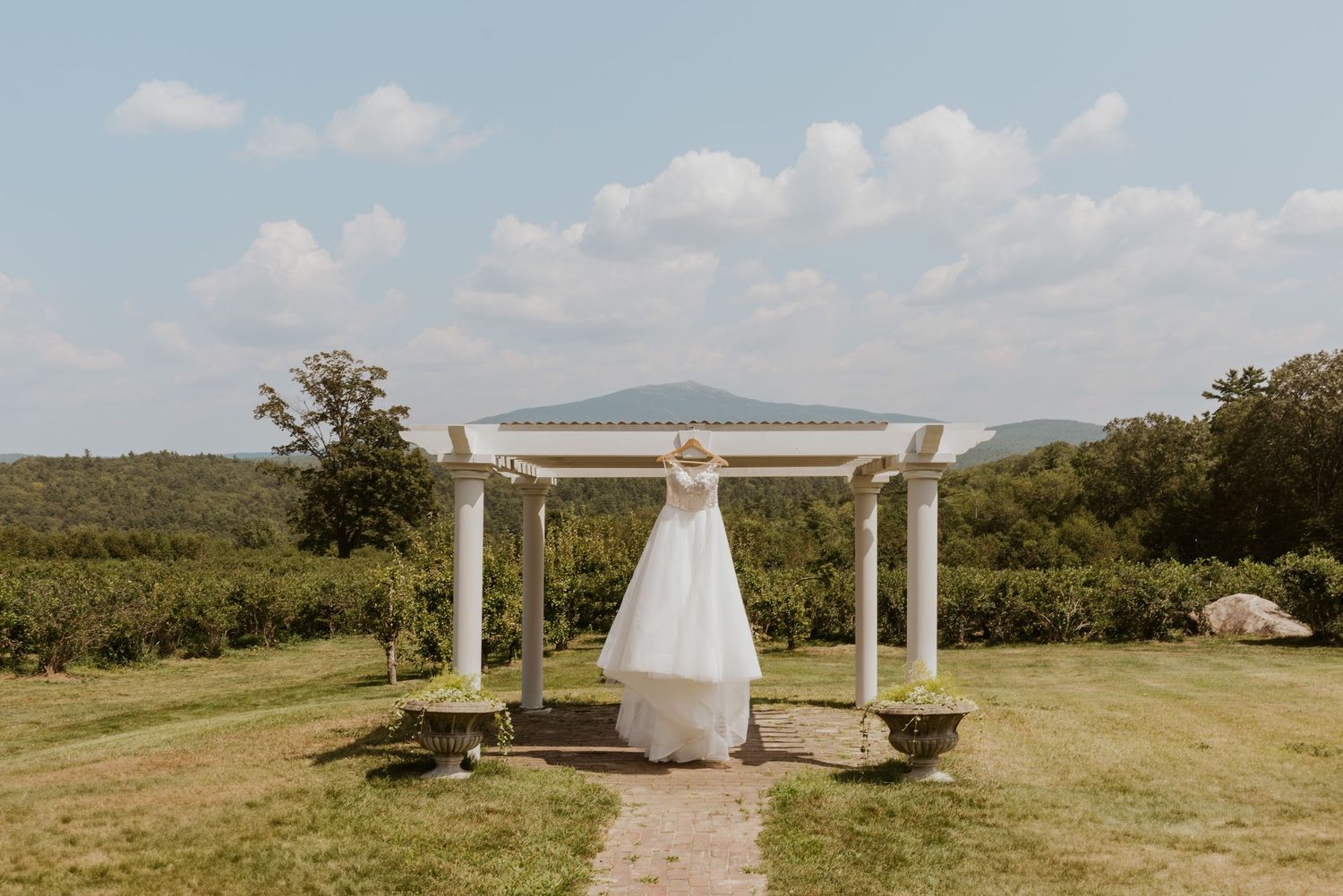 Elegant white wedding gown displayed under a white pergola gazebo surrounded by lush green vineyard.