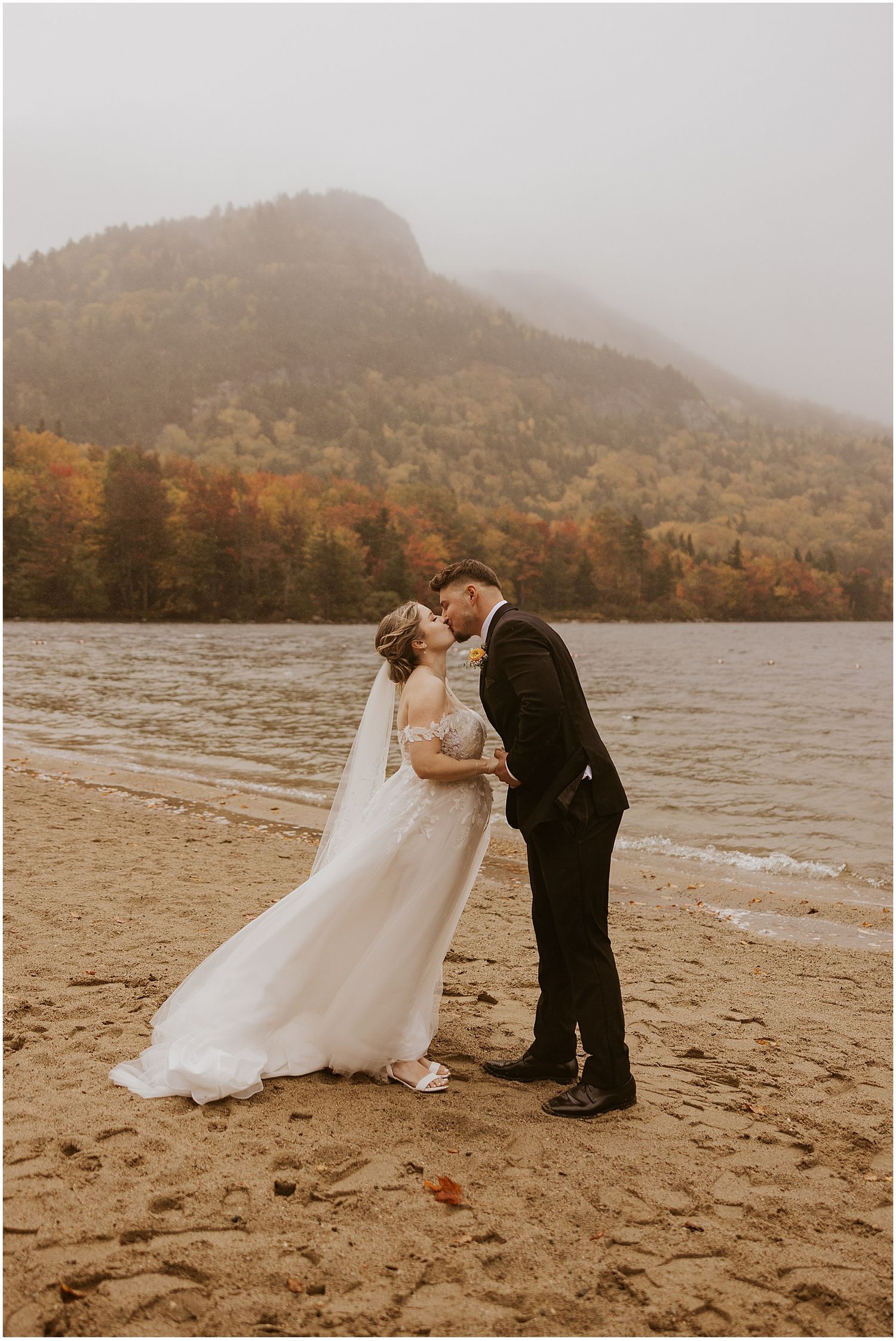 Bride and groom at their NH elopement at Echo Lake in the White Mountains