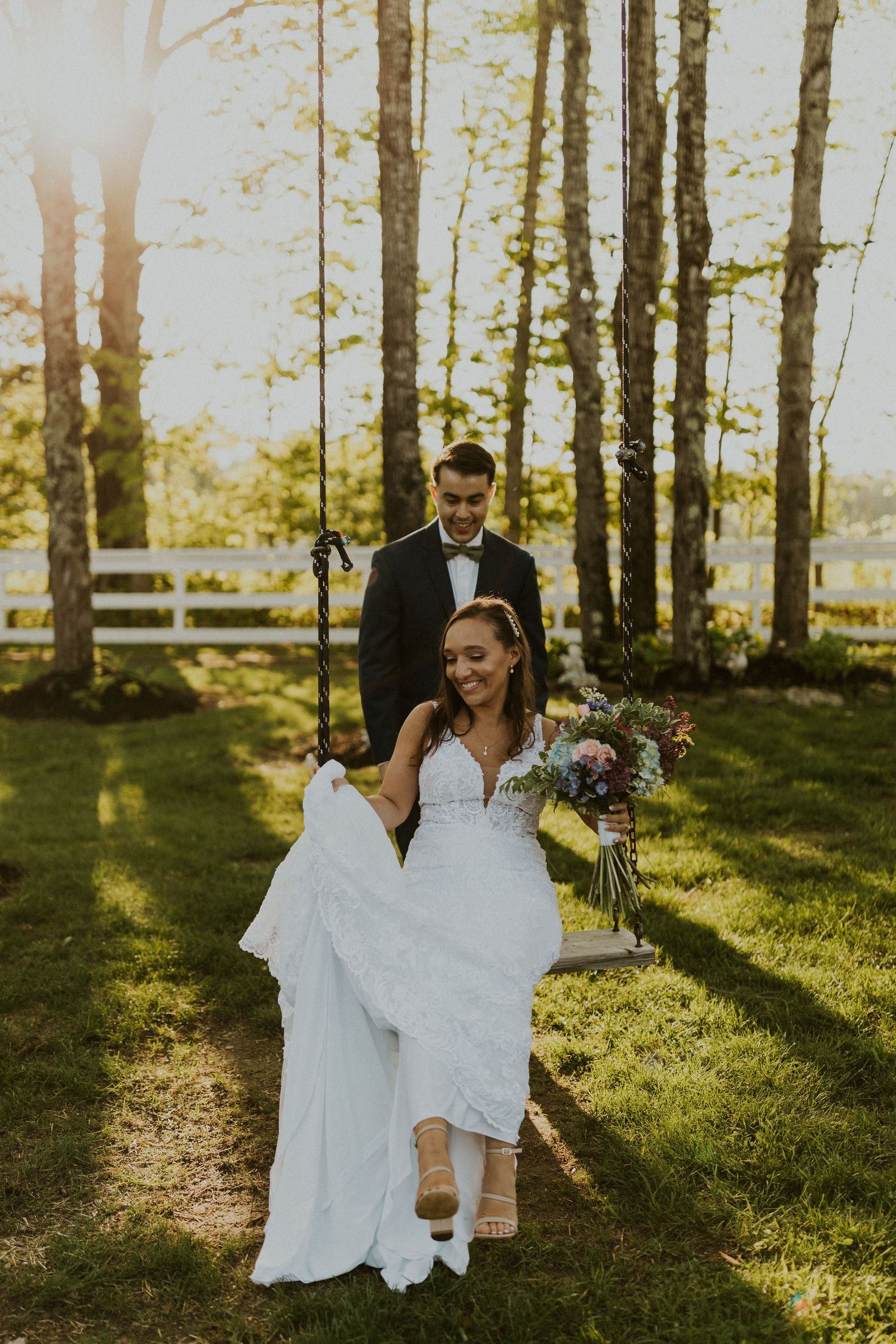 Chrissy and Mike during golden hour portraits at the Arabella Estate in Buxton Maine.