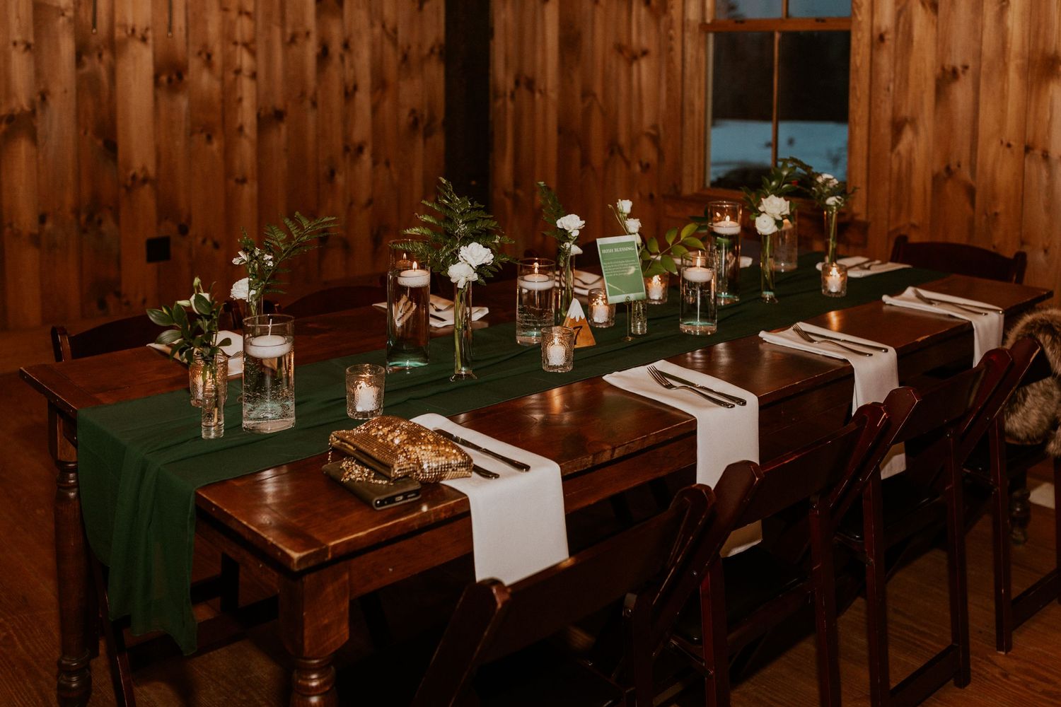 Table decor at a late winter wedding at The Preserve in Tamworth New Hampshire.