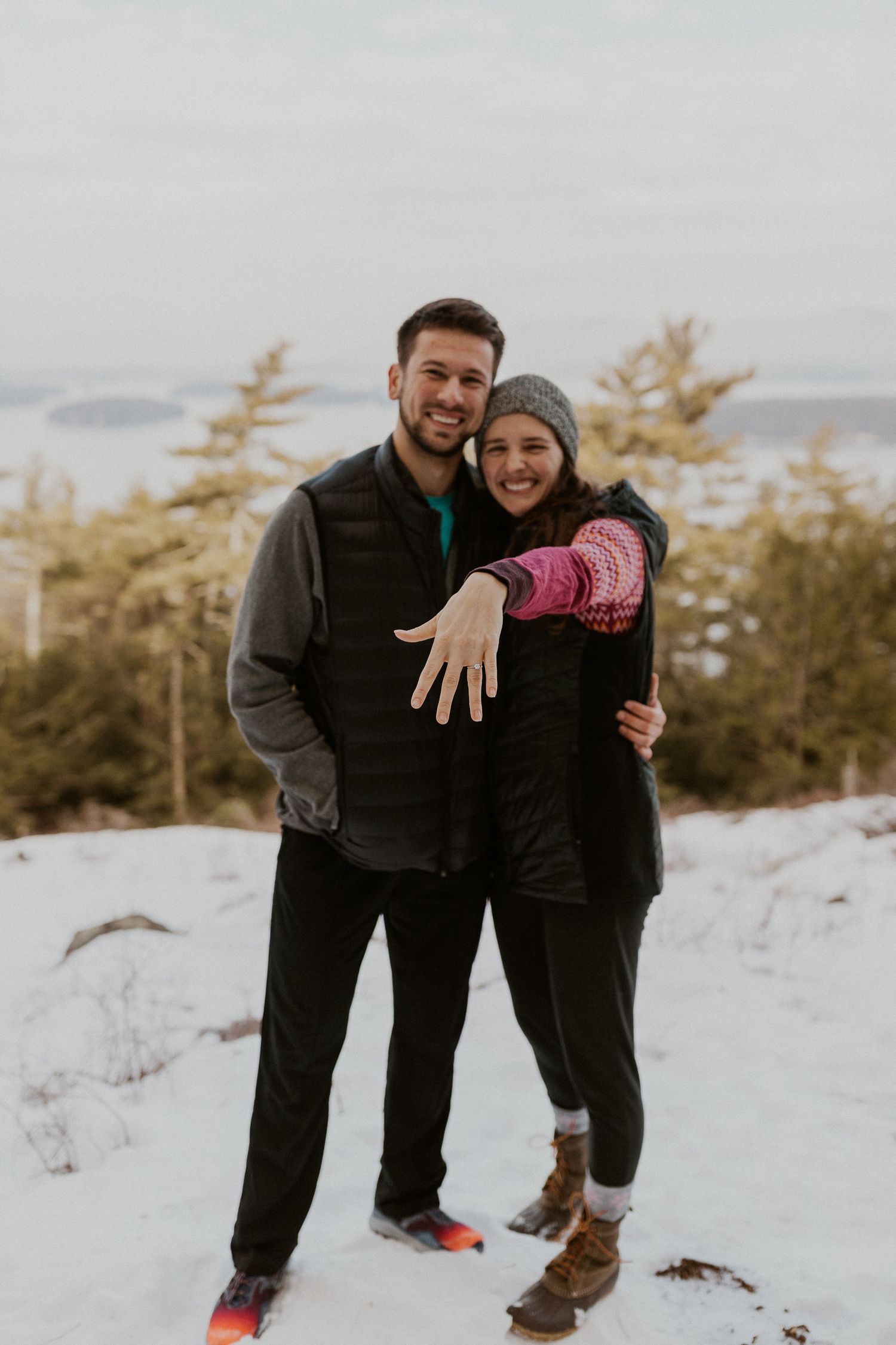 Kirsten and Ivan showing off her new engagement ring! Ivan proposed in Gilford New Hampshire on a scenic trail.