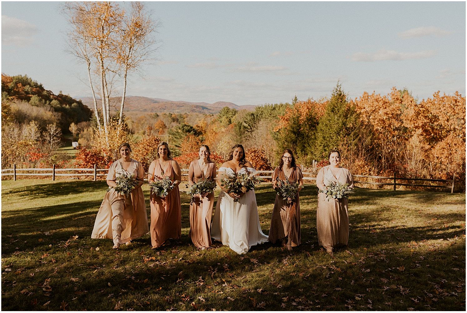 Bridesmaids portrait with bride NH fall wedding