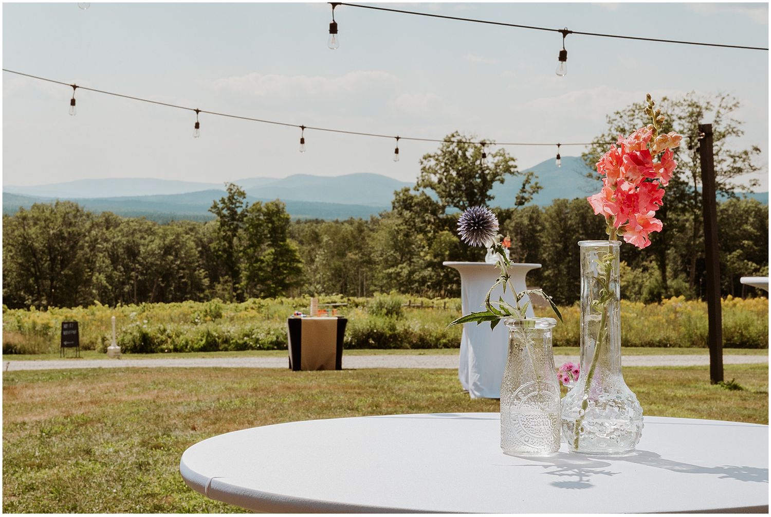 Cocktail hour setup at White Mountain wedding venue Whiteface Hollow