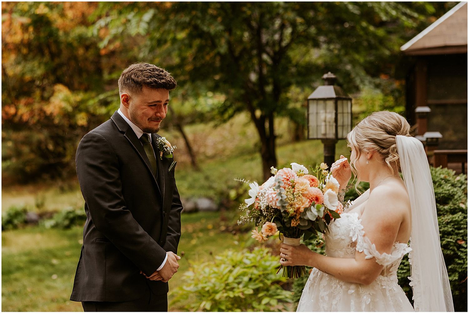 Bride and groom having a first look at their NH elopement