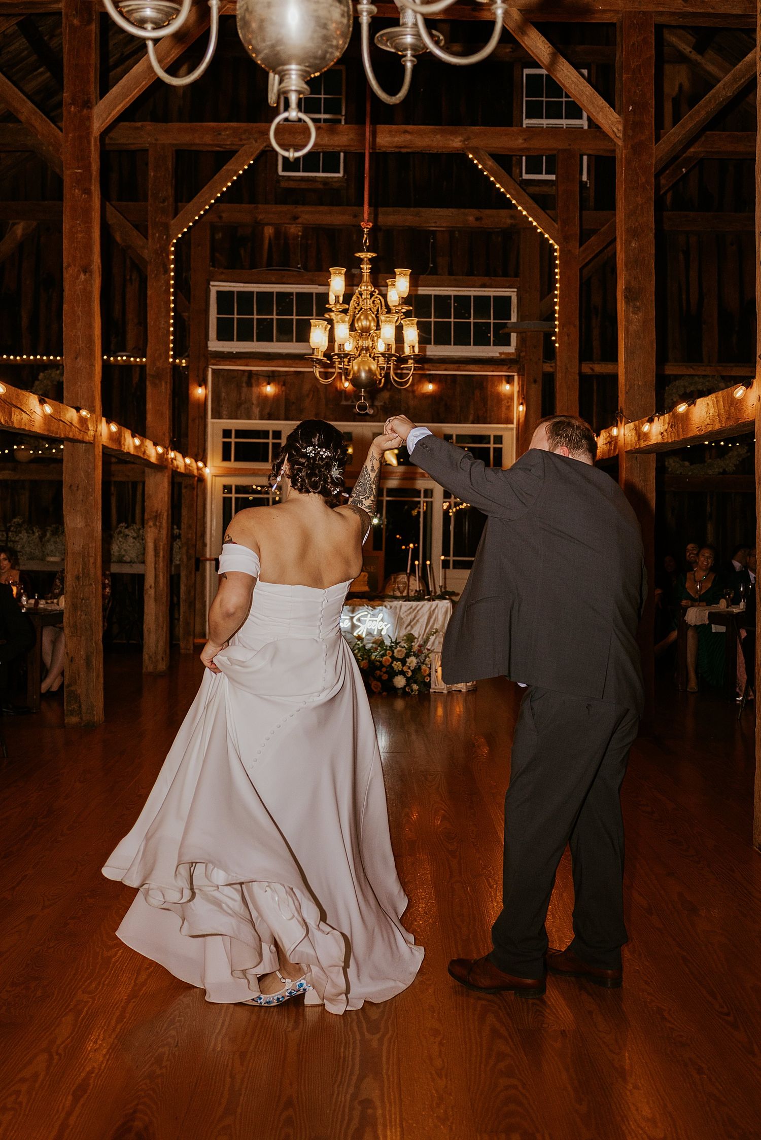 Couple having their first dance for their New Hampshire barn wedding