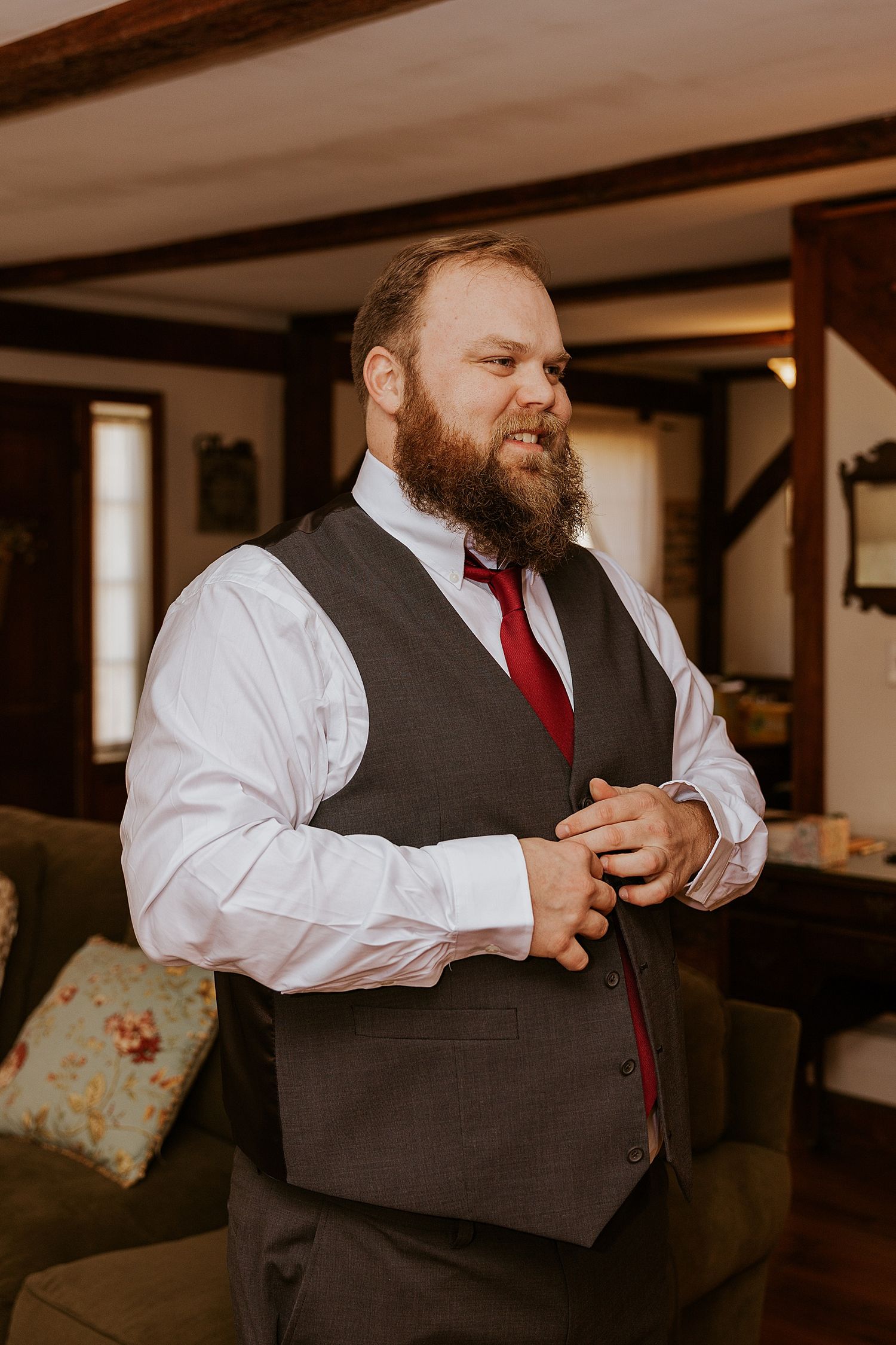 Groom getting ready for his NH wedding at the Barn at Powder Majors Farm