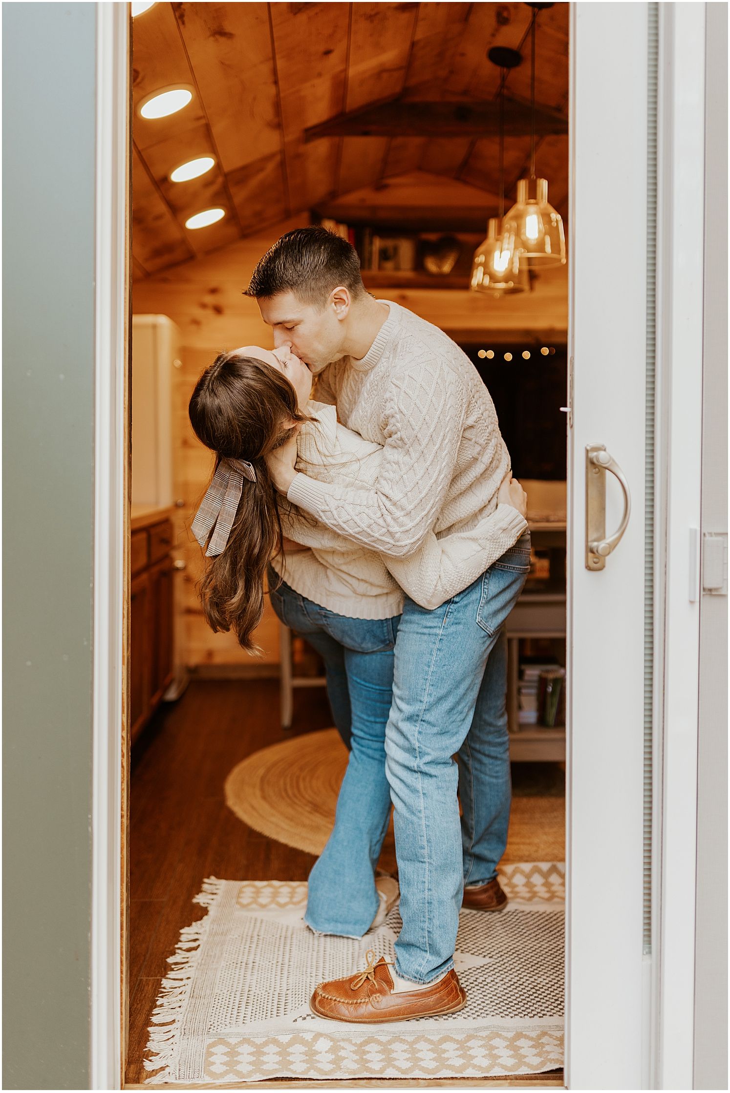 Couples photosession at Airbnb cabin White Mountains NH