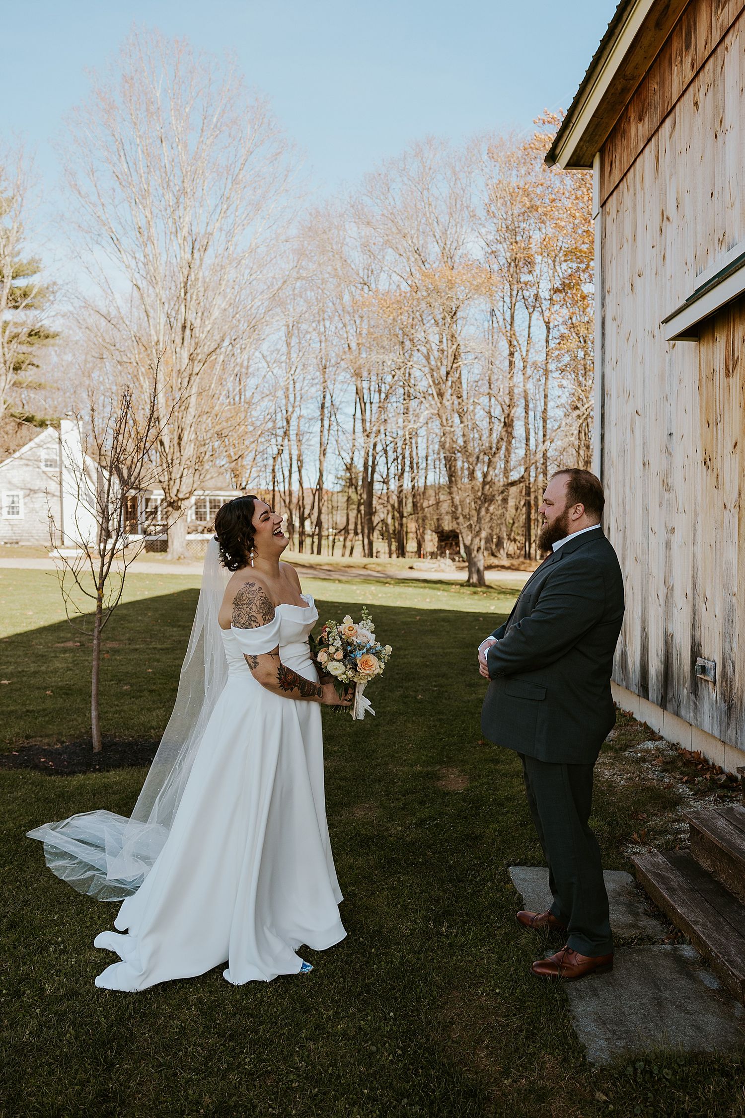 Couple sharing a first look on their wedding day at the Barn at Powder Majors Farm