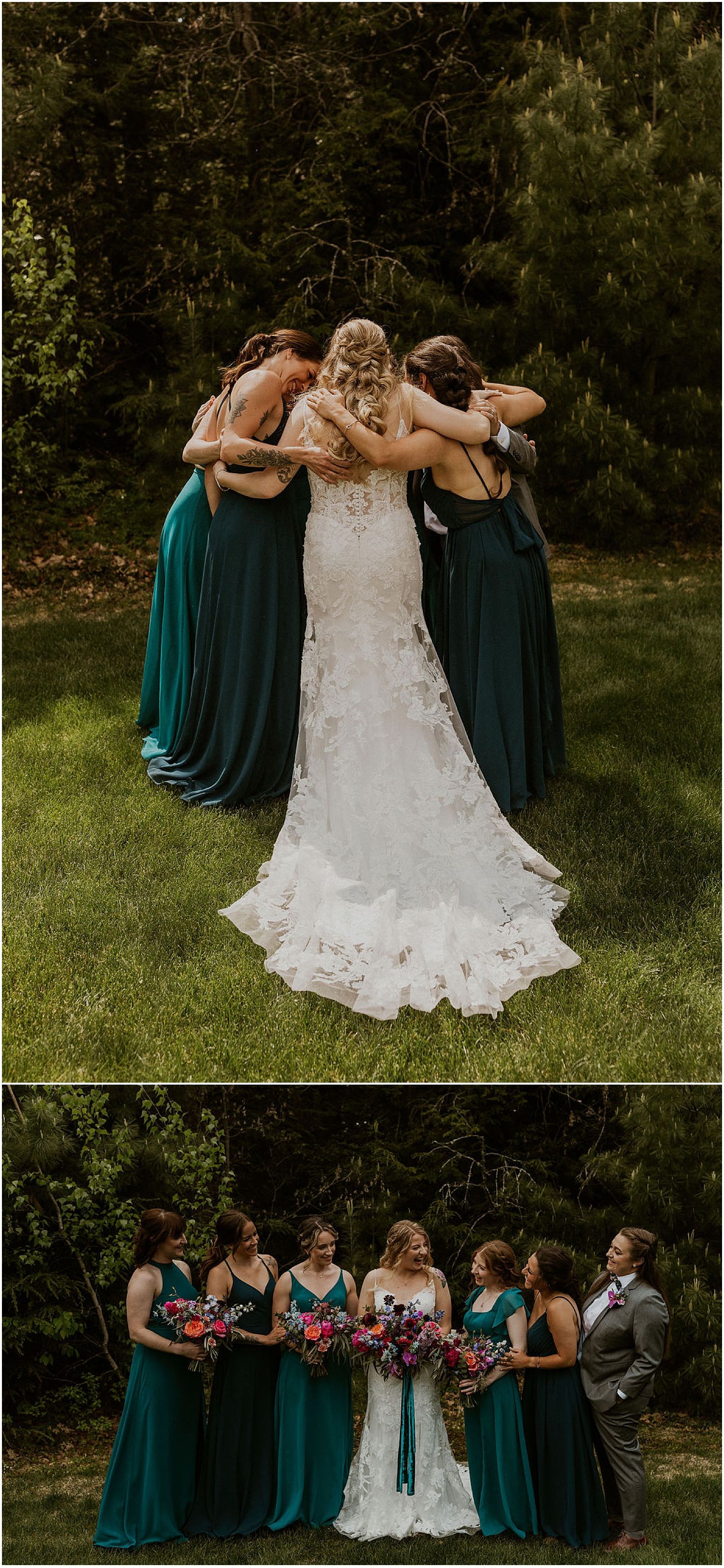 NH wedding green bridesmaids dresses and jewel tone bouquet