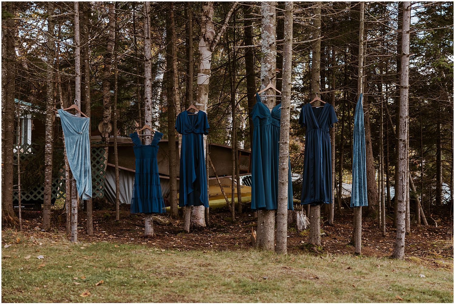 Blue bridesmaids dresses in nature NH wedding Robin Easler
