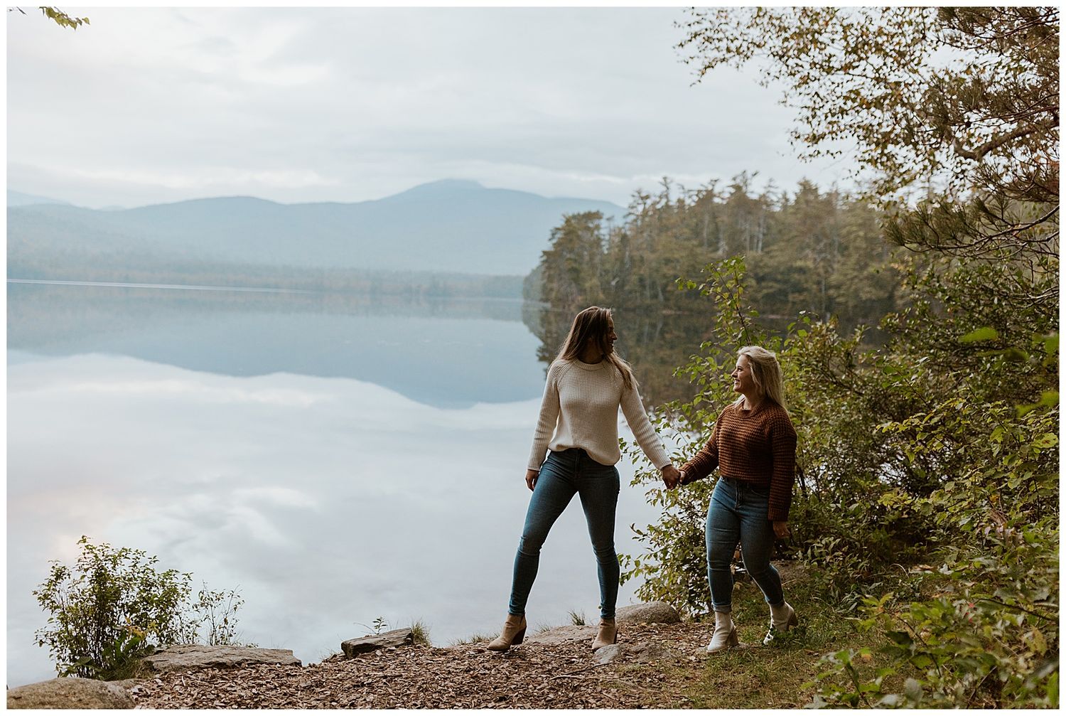 Exploring Lake Chocorua during NH engagement photo session