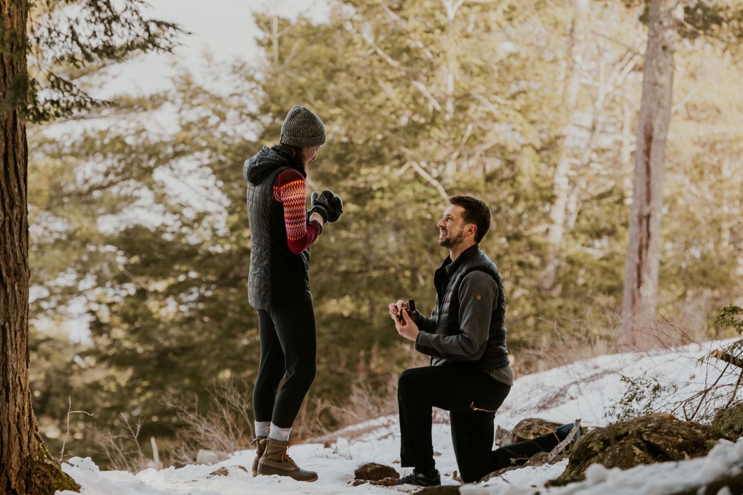 Ivan proposing to his girlfriend Kirsten on the Lockes Hill Trail in Gilford NH.