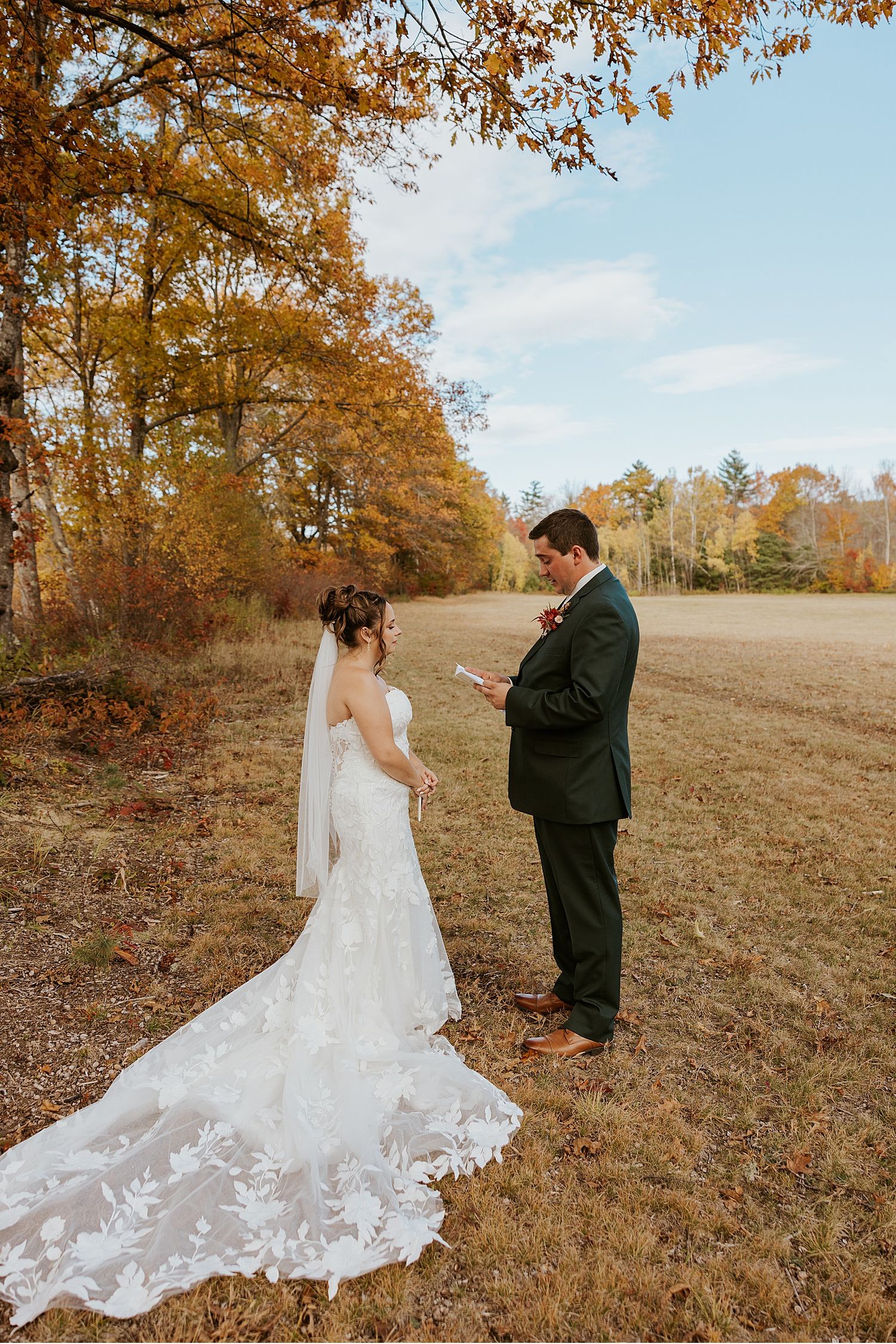 Bride and groom having a first look at their Maine wedding