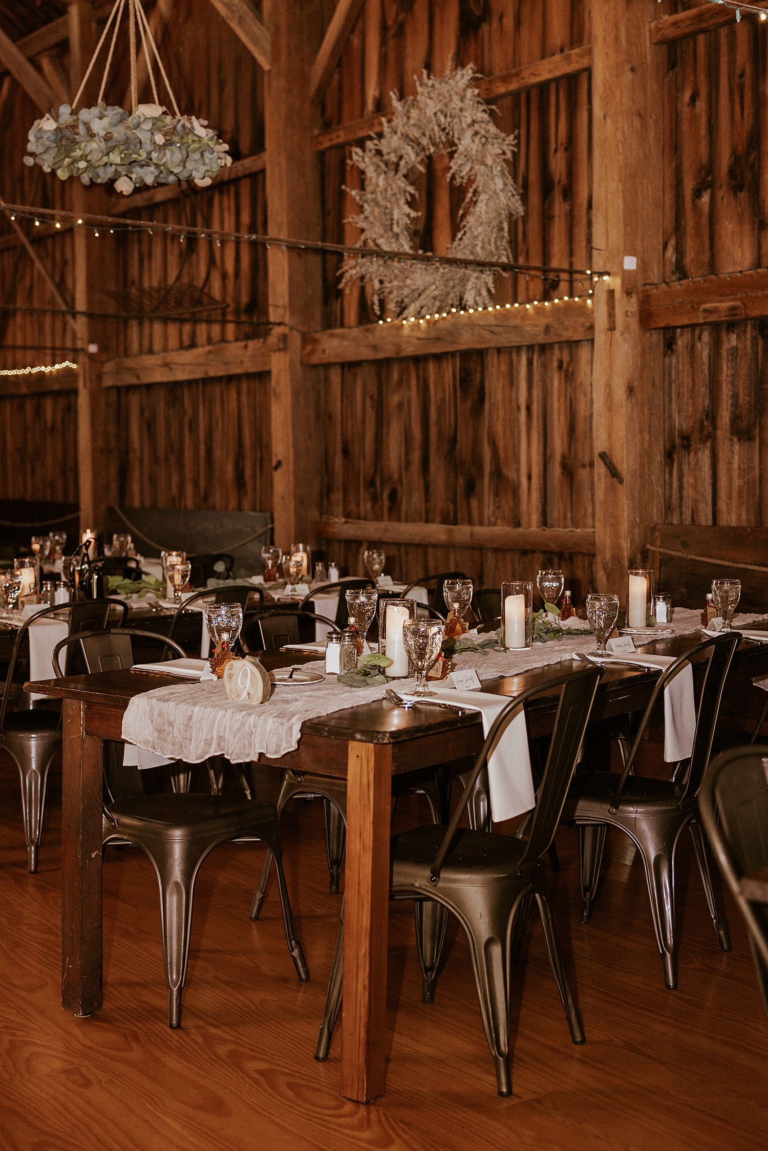 Wedding table decor for a rustic NH wedding at the Barn at Powder Major's Farm