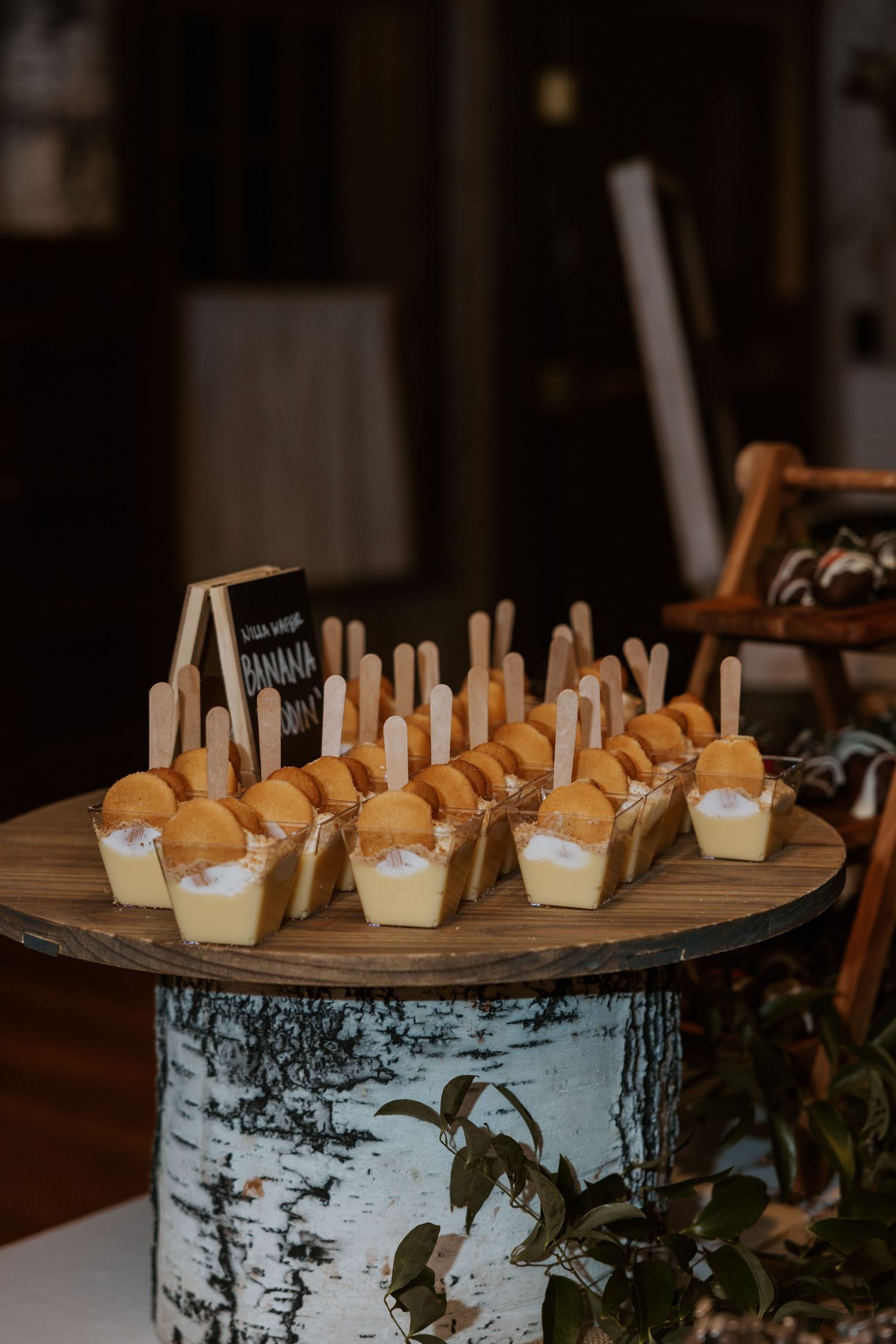 Rustic birch wood dessert display with mini treats arranged on a circular platter.