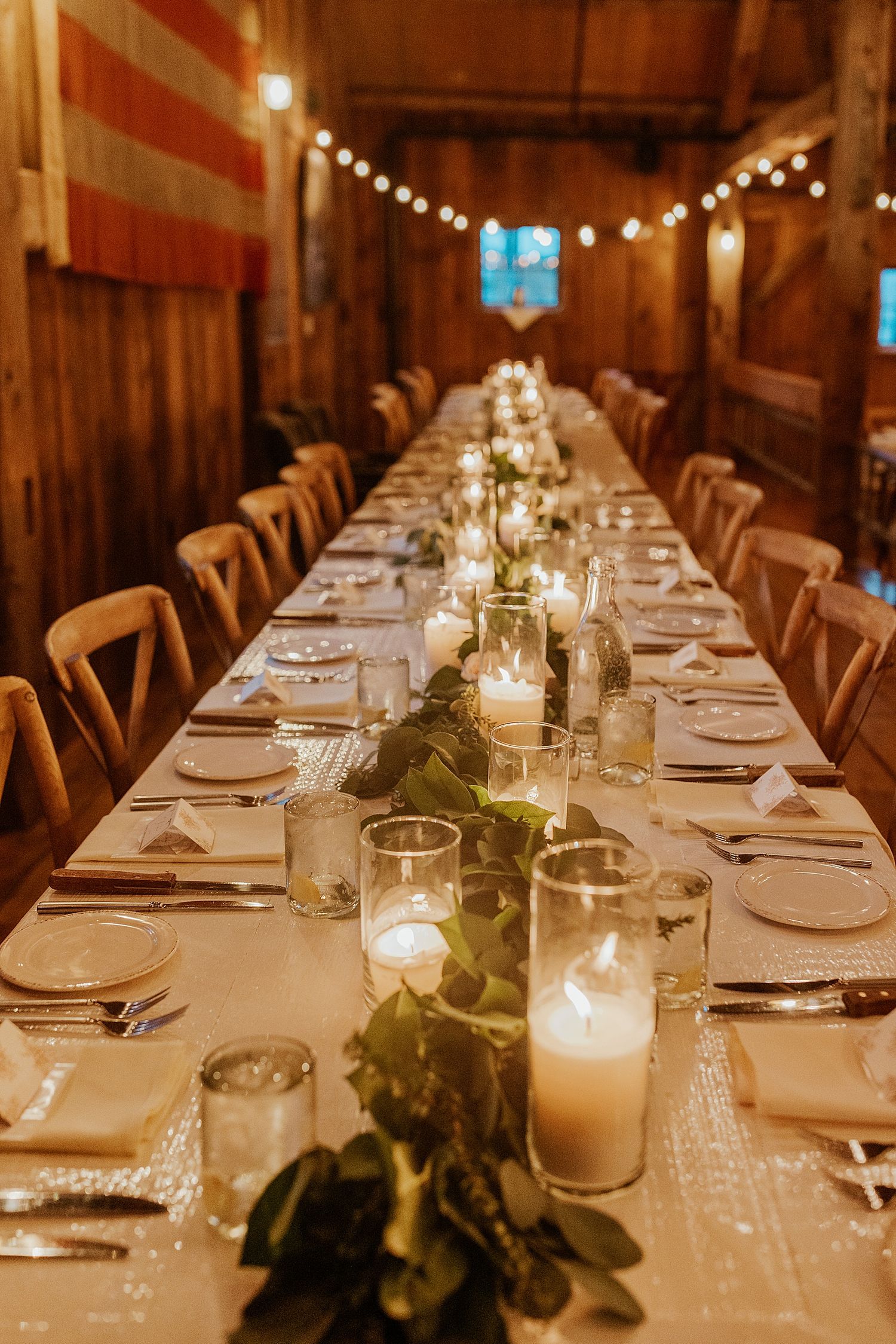 Wedding table decor at a rustic barn wedding in New Hampshire