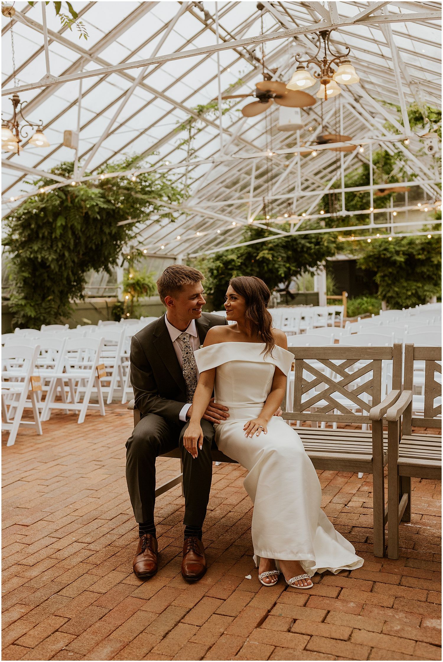 Greenhouse wedding portrait of bride and groom