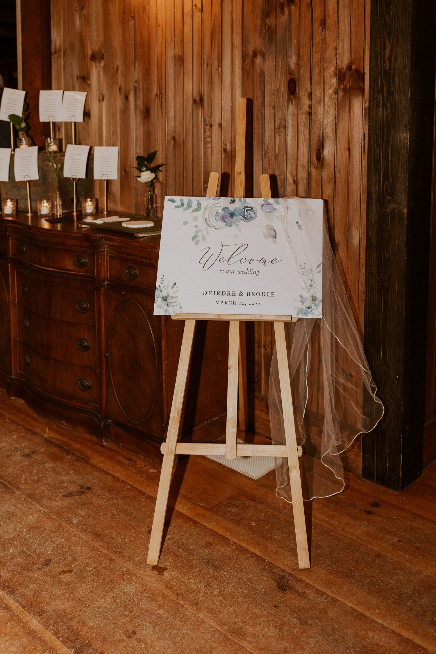 Deirdre and Brodie's welcome sign for their wedding at The Preserve in Tamworth New Hampshire.