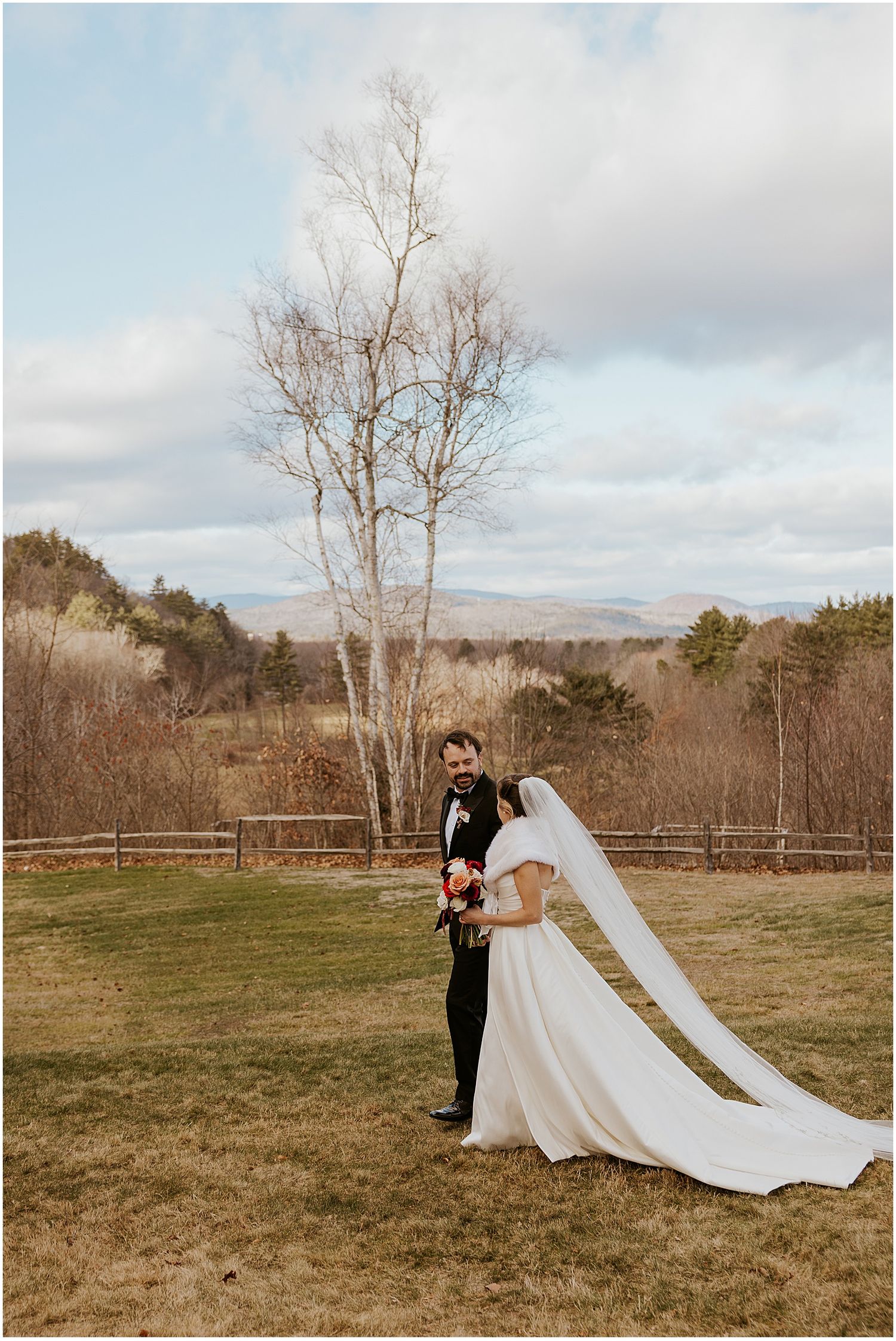 Bride and groom at their White Mountain wedding venue Barn on the Pemi