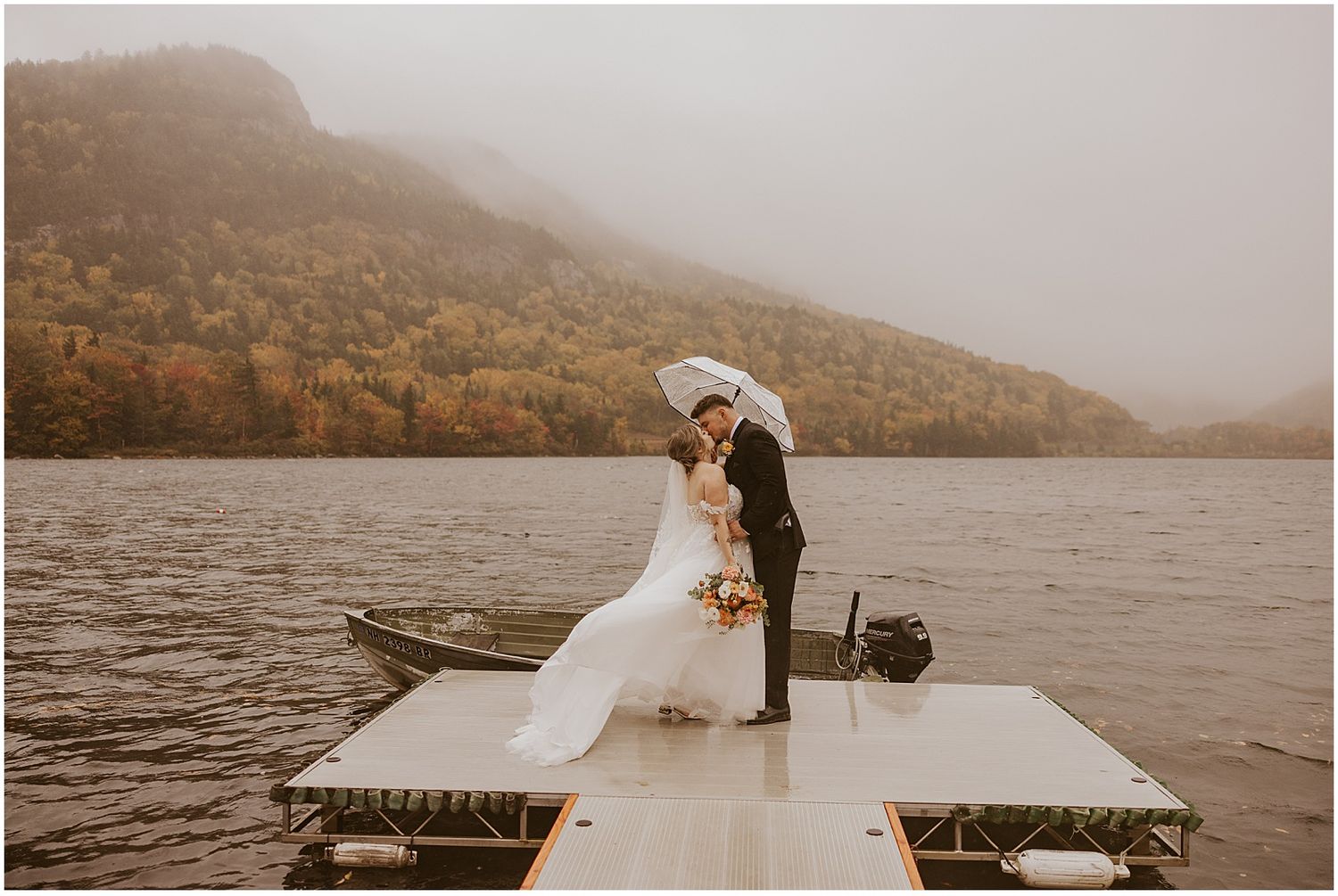 Bride and groom at their NH elopement in the White Mountains at Echo Lake
