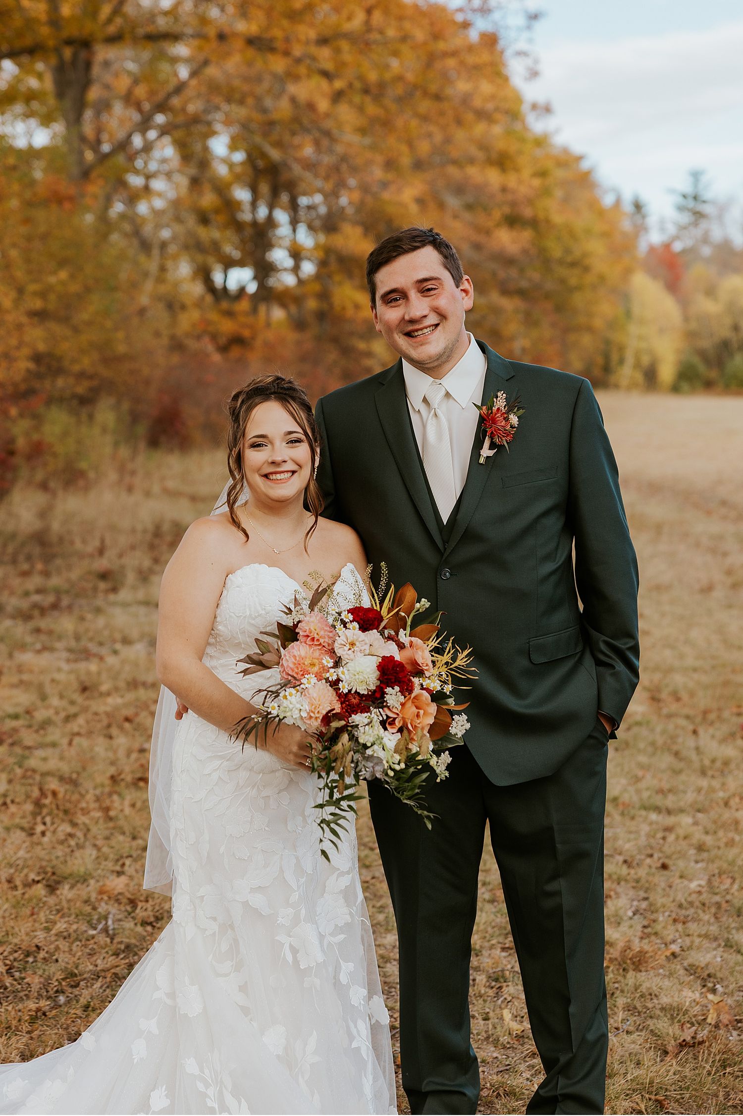 Bride and groom at their fall wedding in Maine