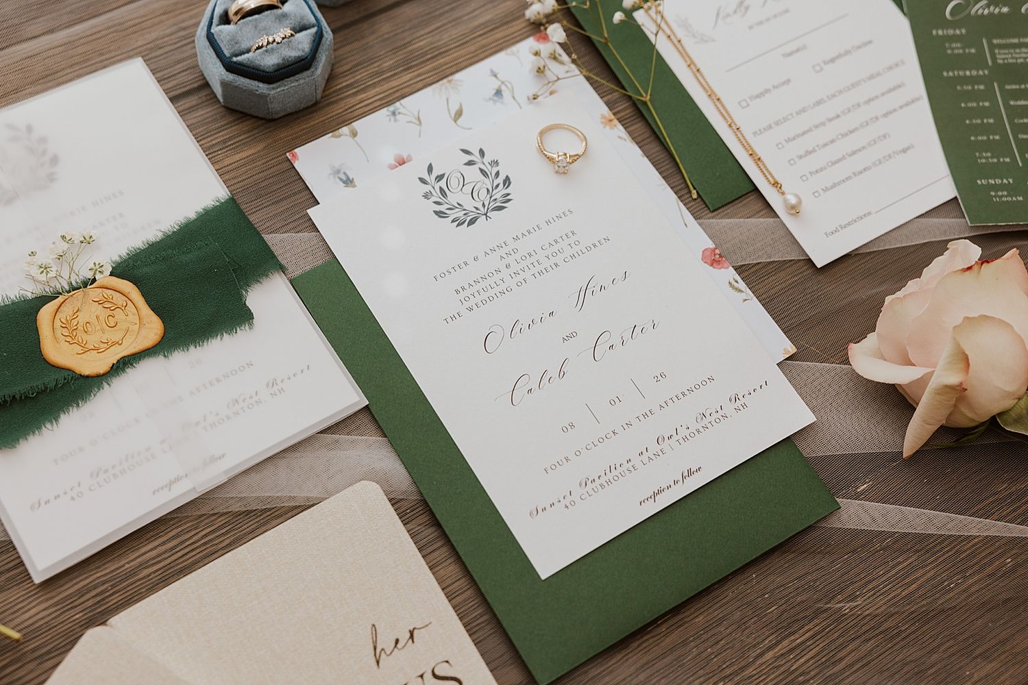 Wedding invitation suite for a wedding at the Sunset Pavilion at the Owl's Nest Resort in NH