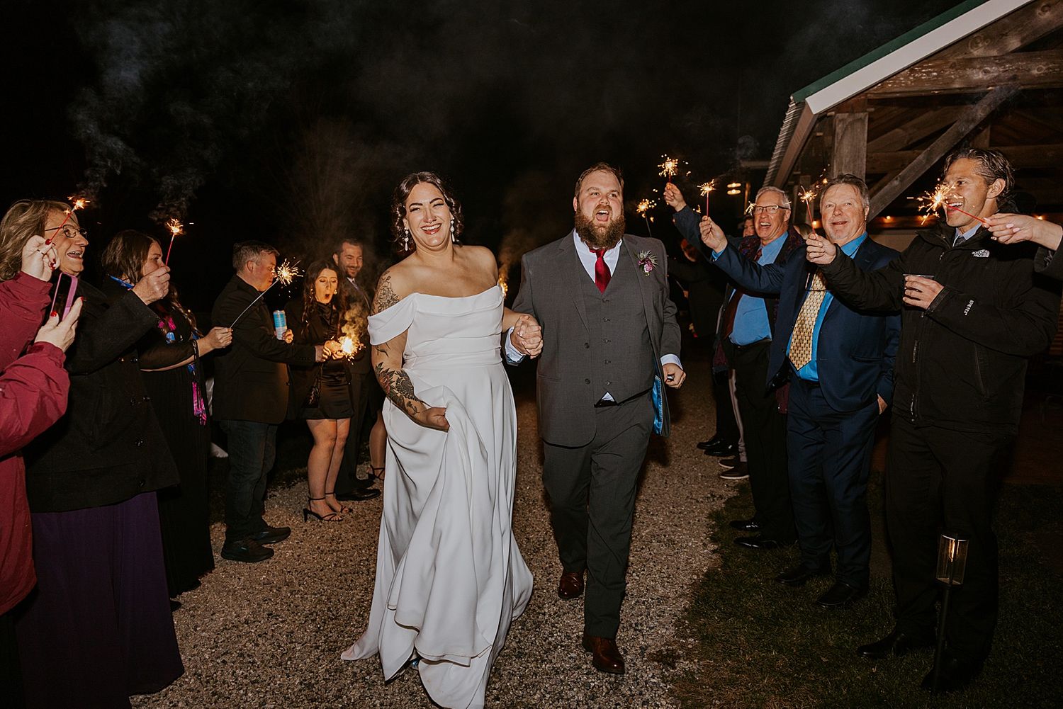 Sparkler exit for a New Hampshire wedding at the Barn at Powder Major's Farm