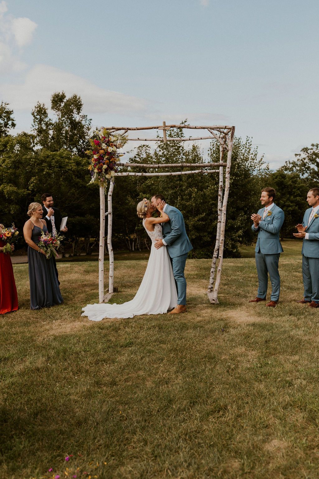 Birch Hill Farm wedding first kiss