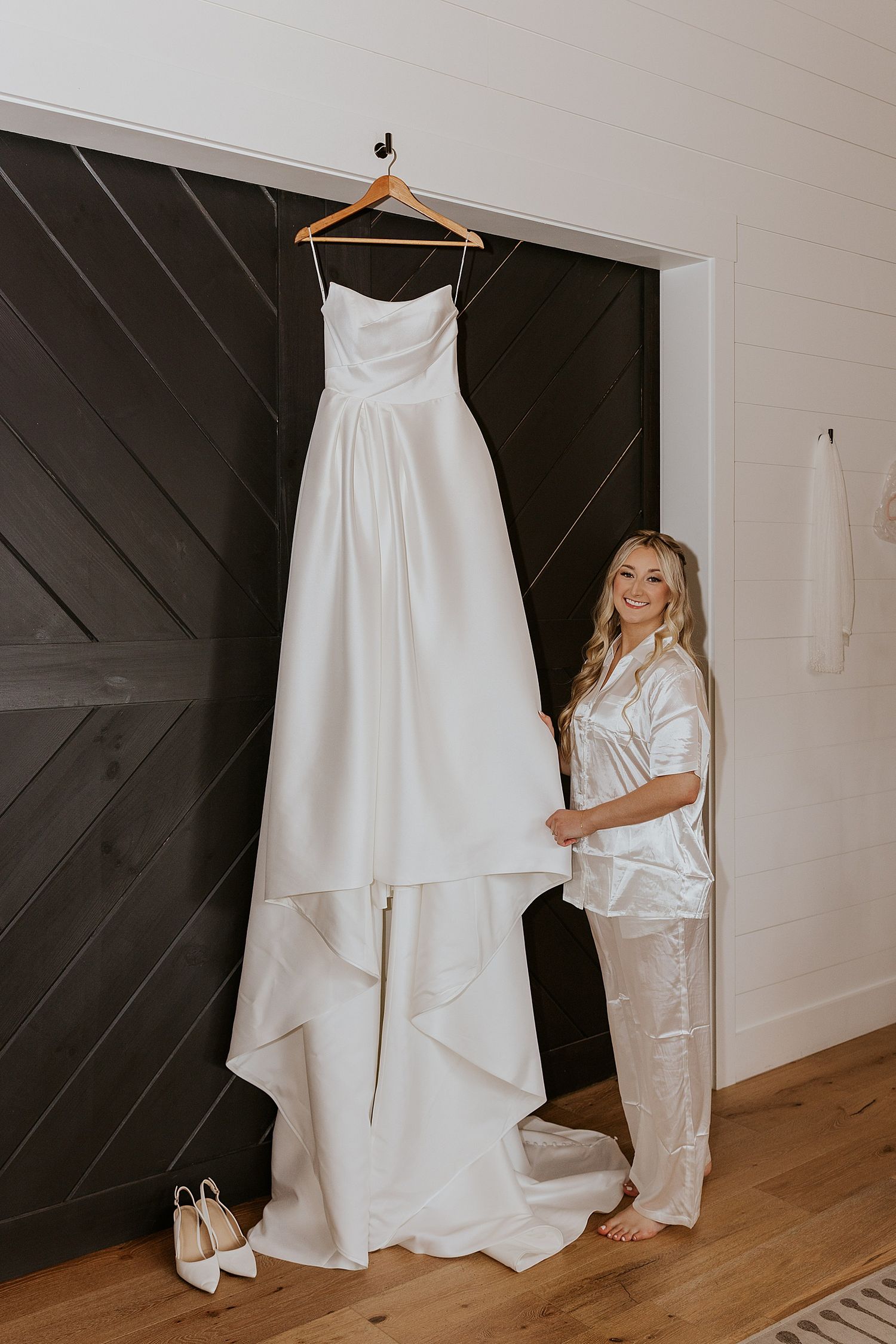 Bride about to get into her dress for her Hyla Brook Estate wedding