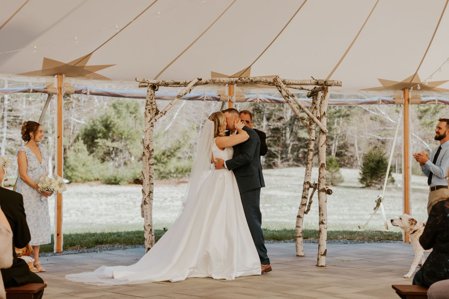 Bride and groom sharing first kiss under birch tree arch in elegant tent ceremony.