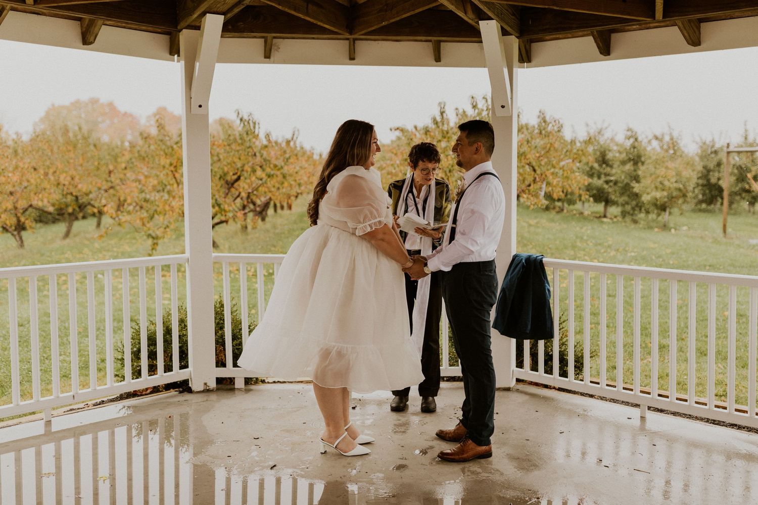 Terise and Jose holding hands during their ceremony at Carter Hill Orchard in Concord New Hampshire.