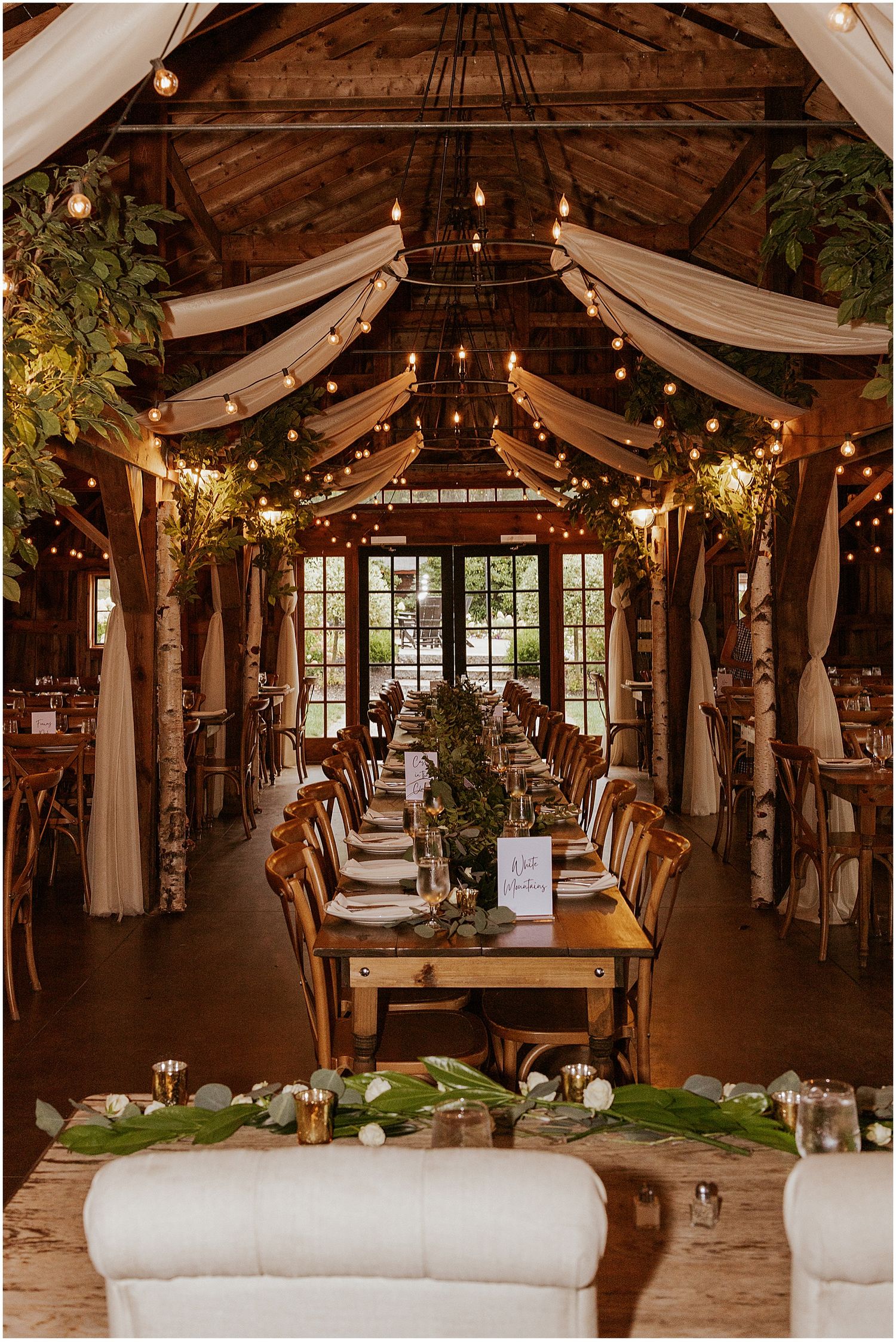 Elegant wedding reception decor at a barn wedding in NH