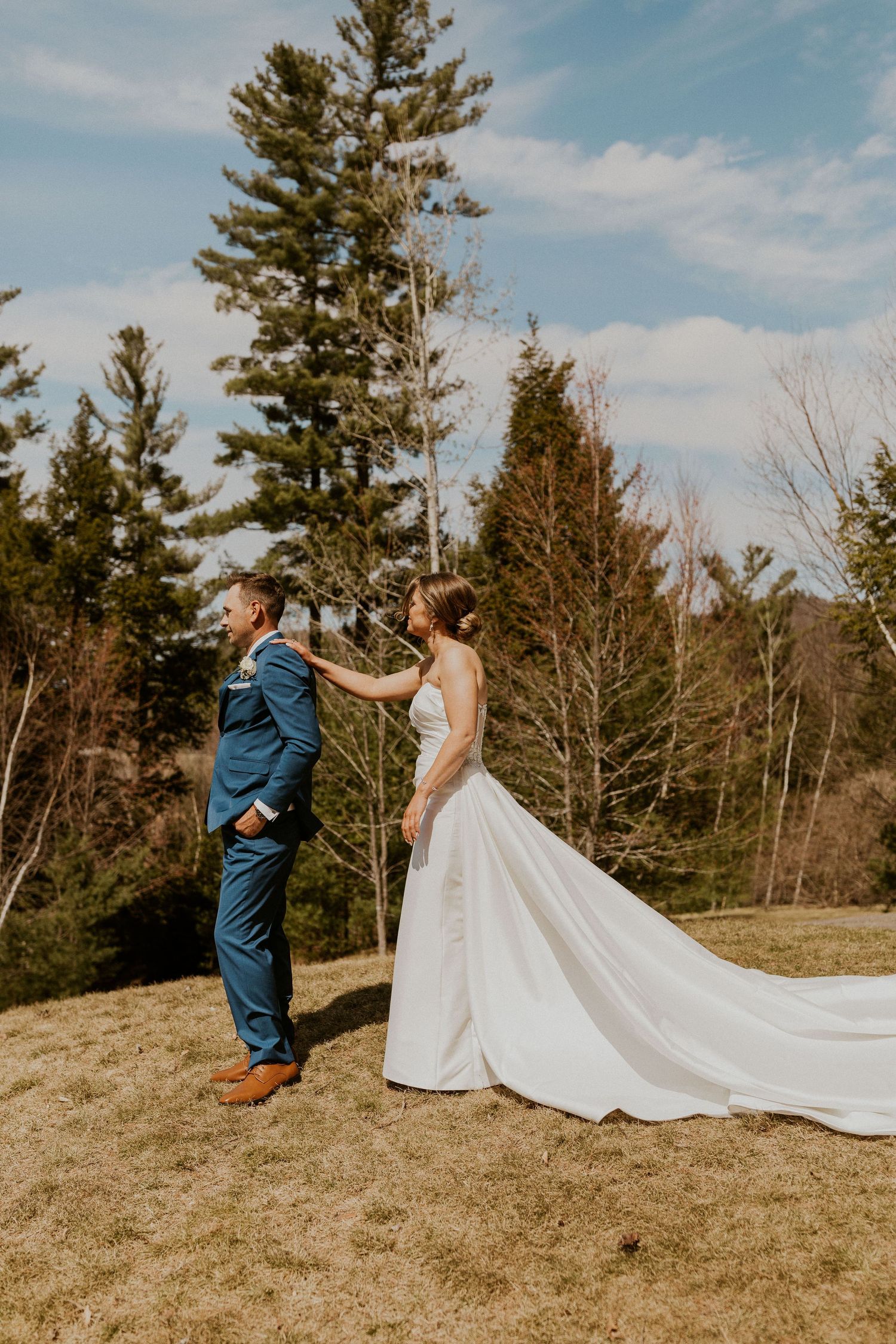 Kendra and Andrew's first look at Owl's Nest Resort before their wedding ceremony.
