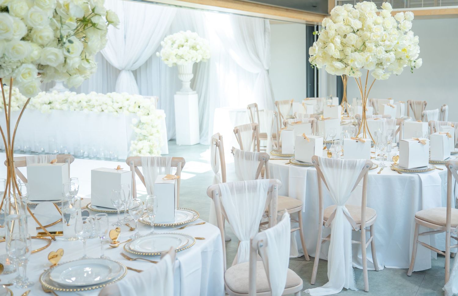 Elegant white wedding reception with floral centerpieces, chiavari chairs, and draped fabric decor.
