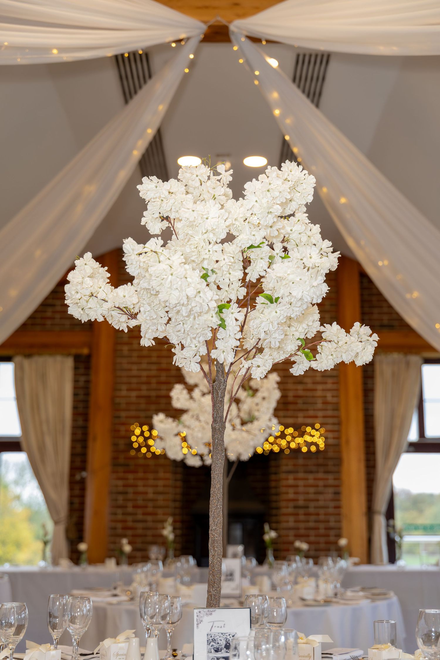 Stunning white blossom tree centerpiece decorates a elegantly set wedding reception table with fairy lights.