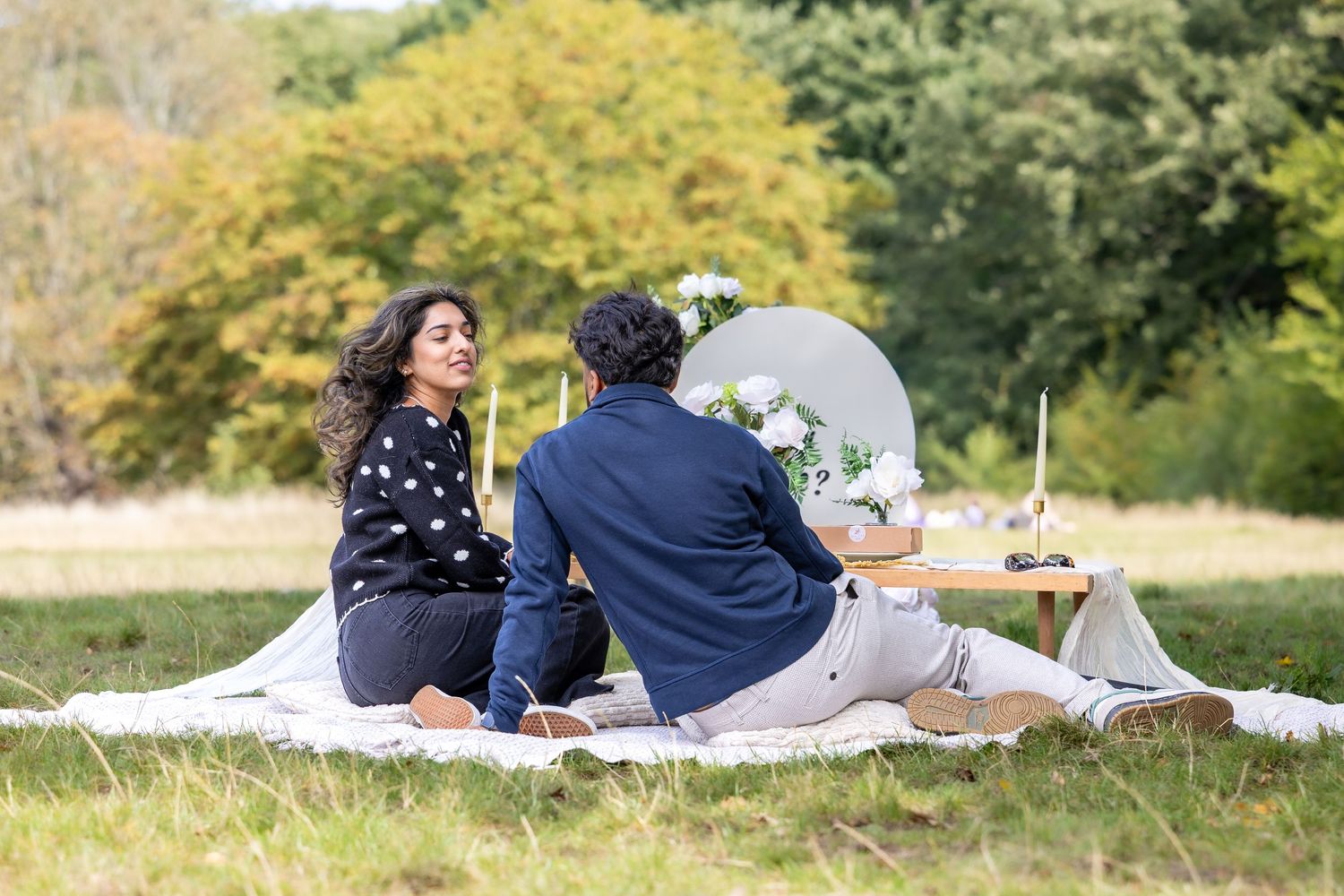 Couple sitting on a white blanket in a sunny park with a romantic proposal setup in the background.