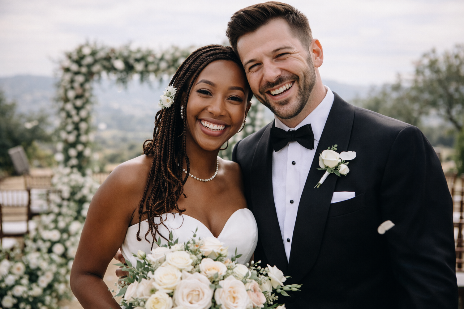 Wedding couple poses outdoors with white floral arrangements and formal attire.