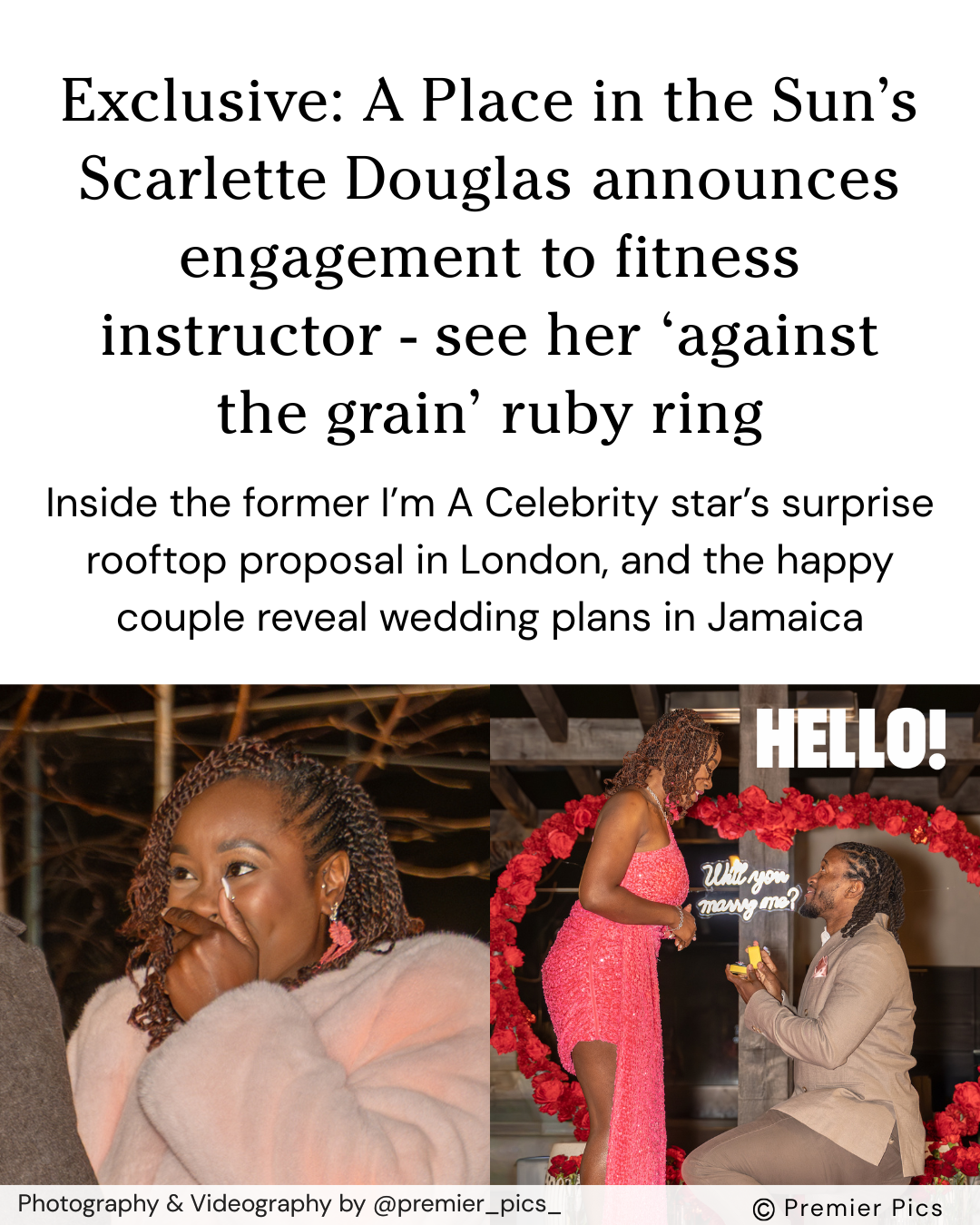 News article about A Place in the Sun star Scarlette Douglas announcing engagement with ruby ring.