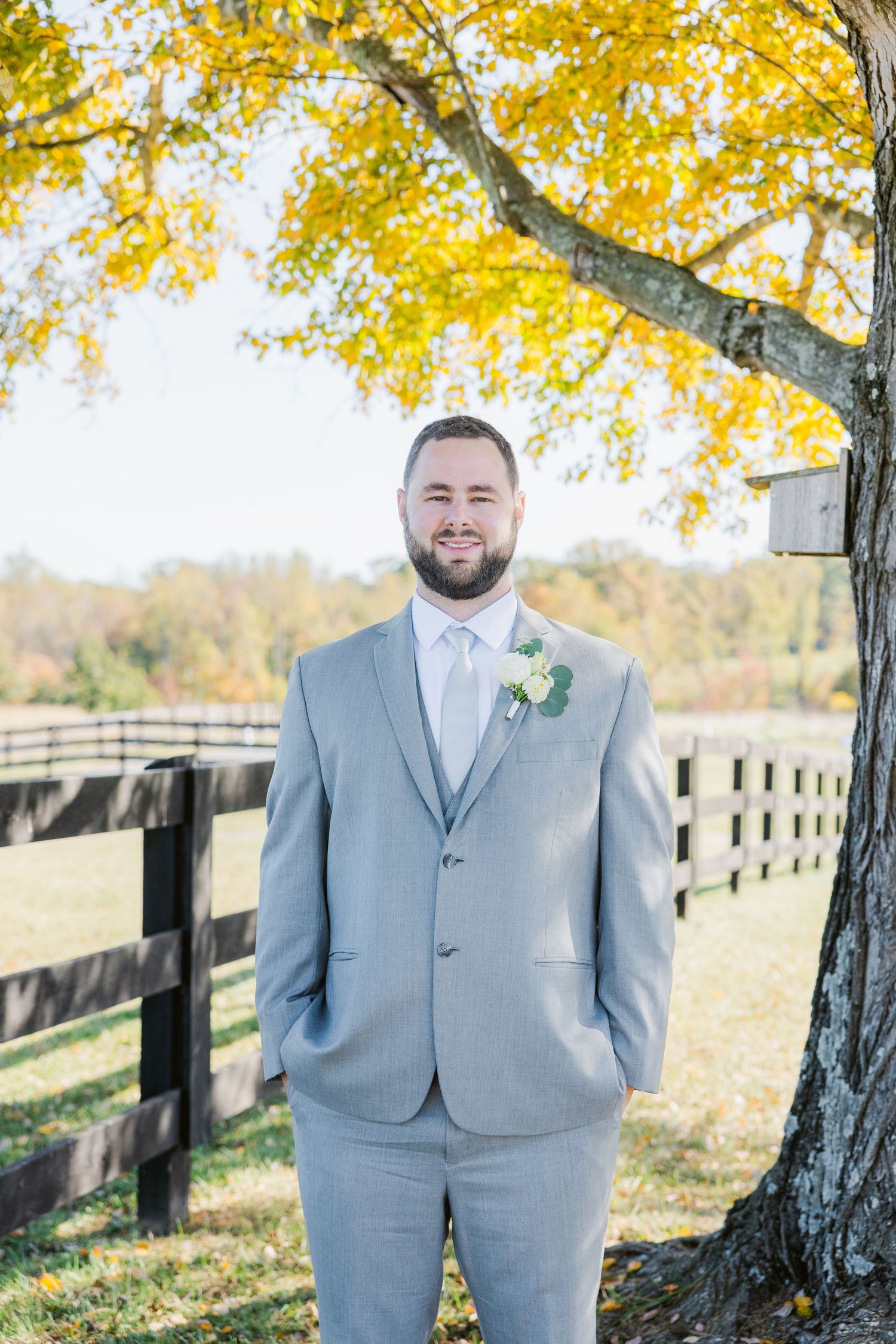 A groom in a light gray suit poses under autumn trees with golden yellow leaves.