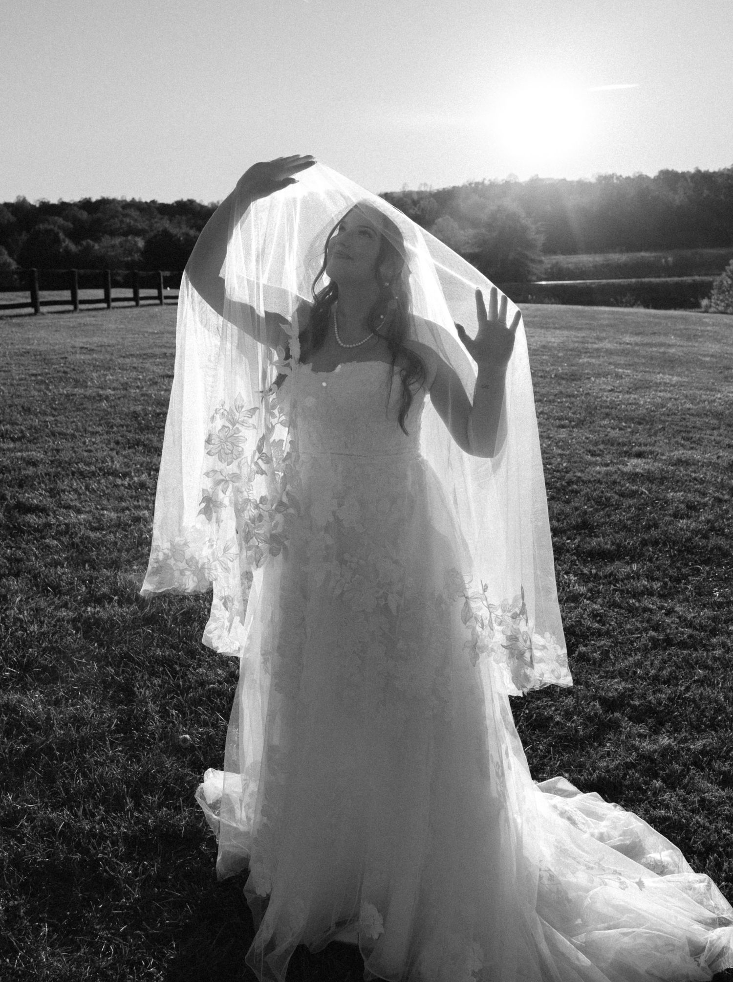Black and white photos of a bride's flowing veil captured in artistic silhouettes against natural light.