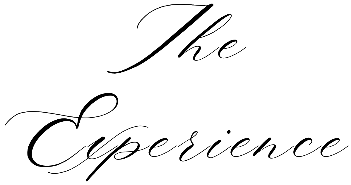 Decorative calligraphy text spelling out 'The Experience' in flowing black script.